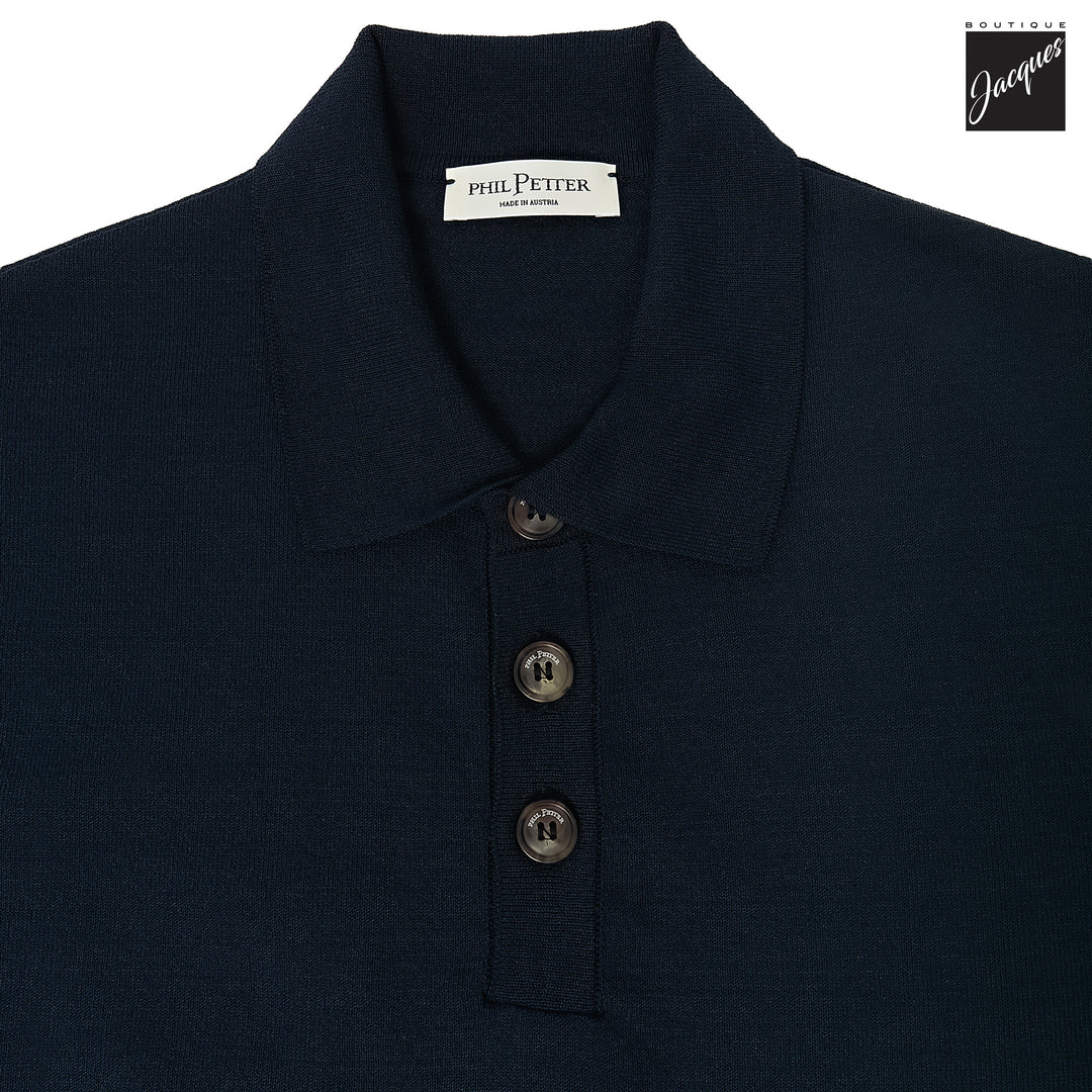 Navy Blue Knit Polo with Striped Contrast Details - Phil Petter - Boutique Jacques International