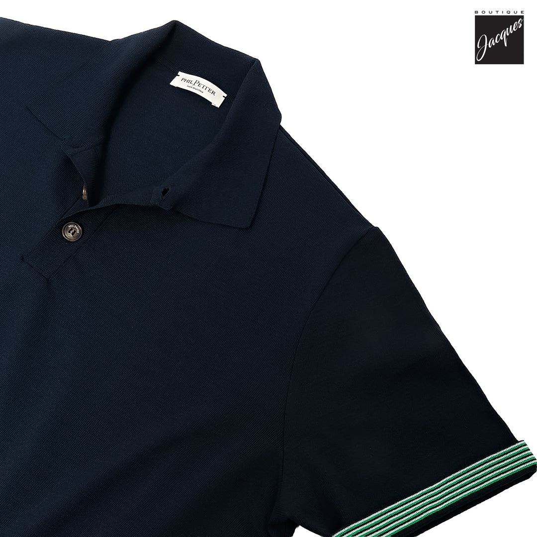 Navy Blue Knit Polo with Striped Contrast Details - Phil Petter - Boutique Jacques International