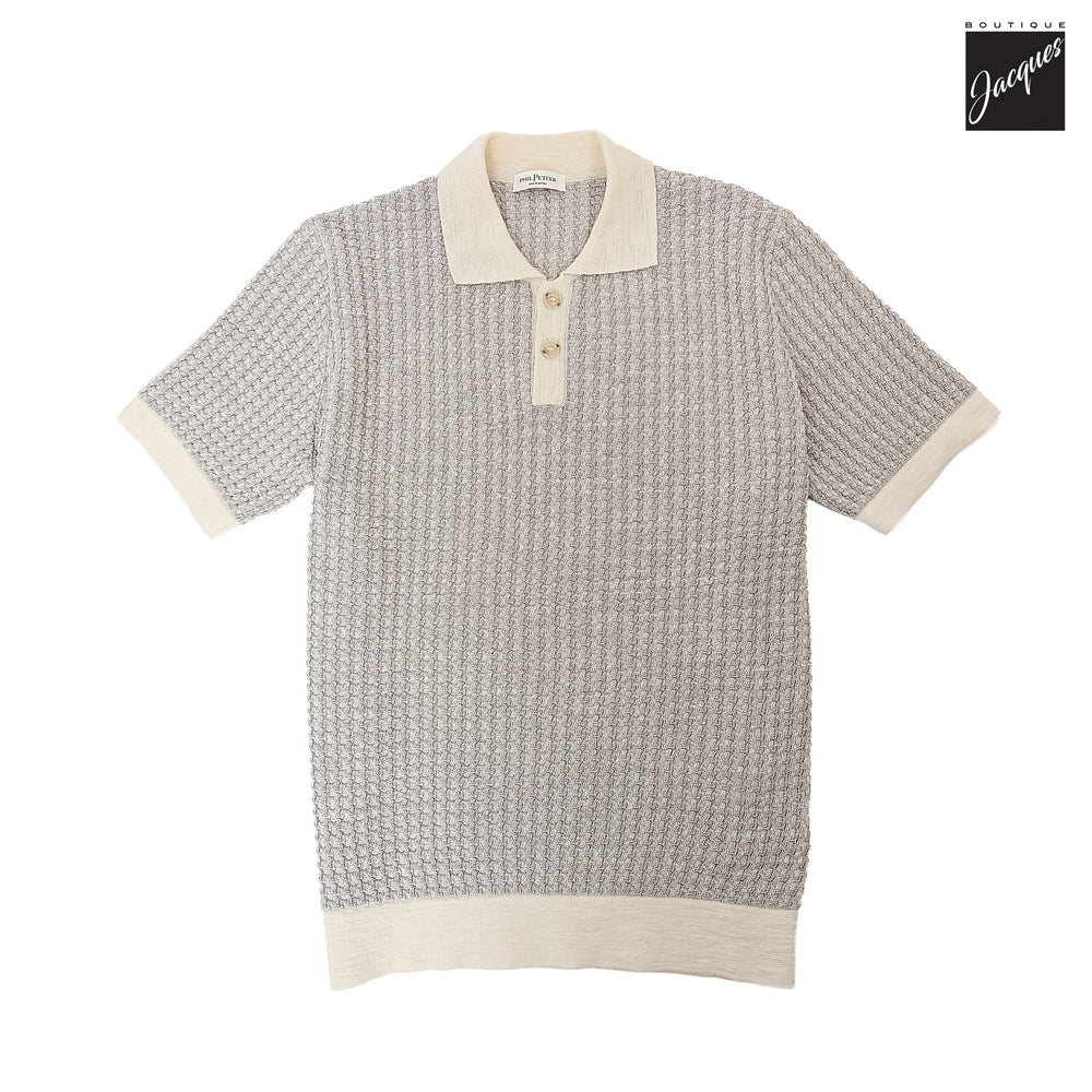 Mercury Gray Linen-Cotton Waffle Knit Polo with Contrast Trims - Phil Petter - Boutique Jacques International