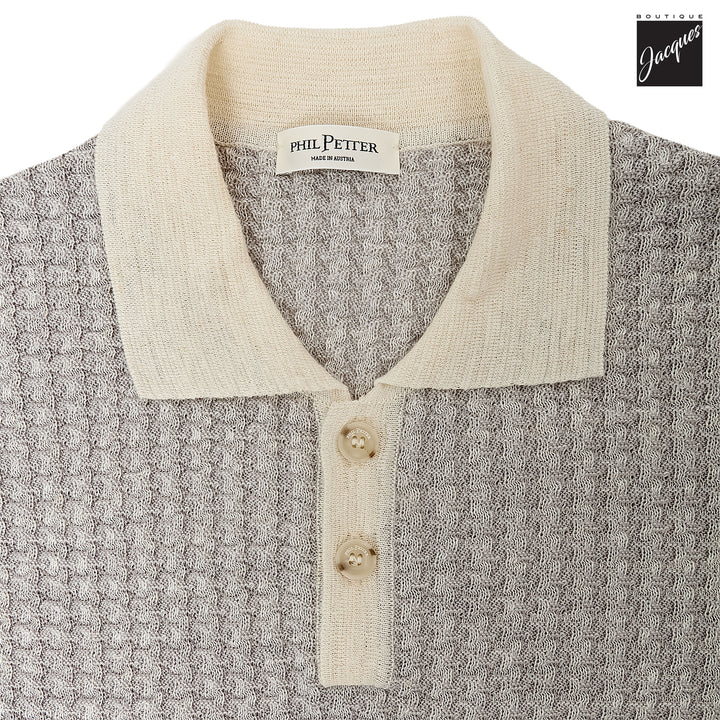 Mercury Gray Linen-Cotton Waffle Knit Polo with Contrast Trims - Phil Petter - Boutique Jacques International