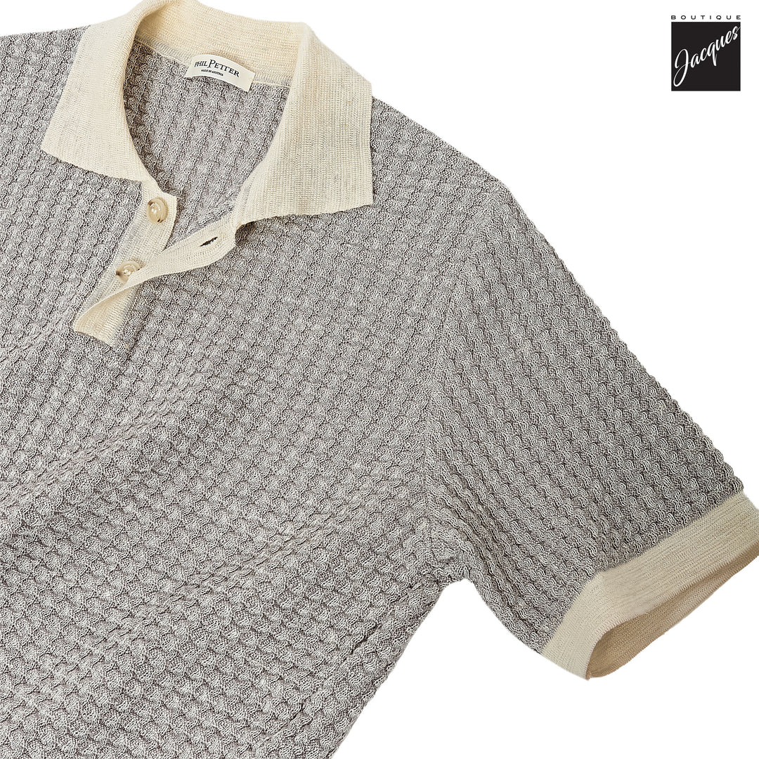 Mercury Gray Linen-Cotton Waffle Knit Polo with Contrast Trims - Phil Petter - Boutique Jacques International
