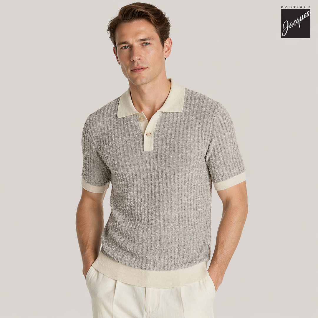 Mercury Gray Linen-Cotton Waffle Knit Polo with Contrast Trims - Phil Petter - Boutique Jacques International
