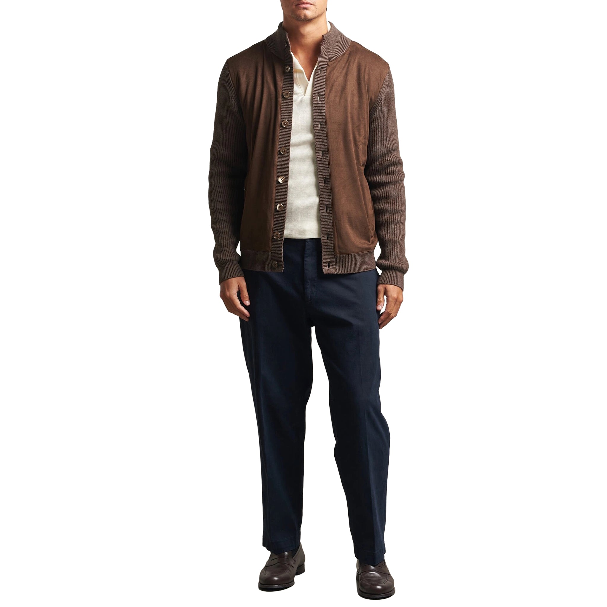 Brown Alcantara Cotton-Wool Blend Hybrid Cardigan - Stenströms - Boutique Jacques International
