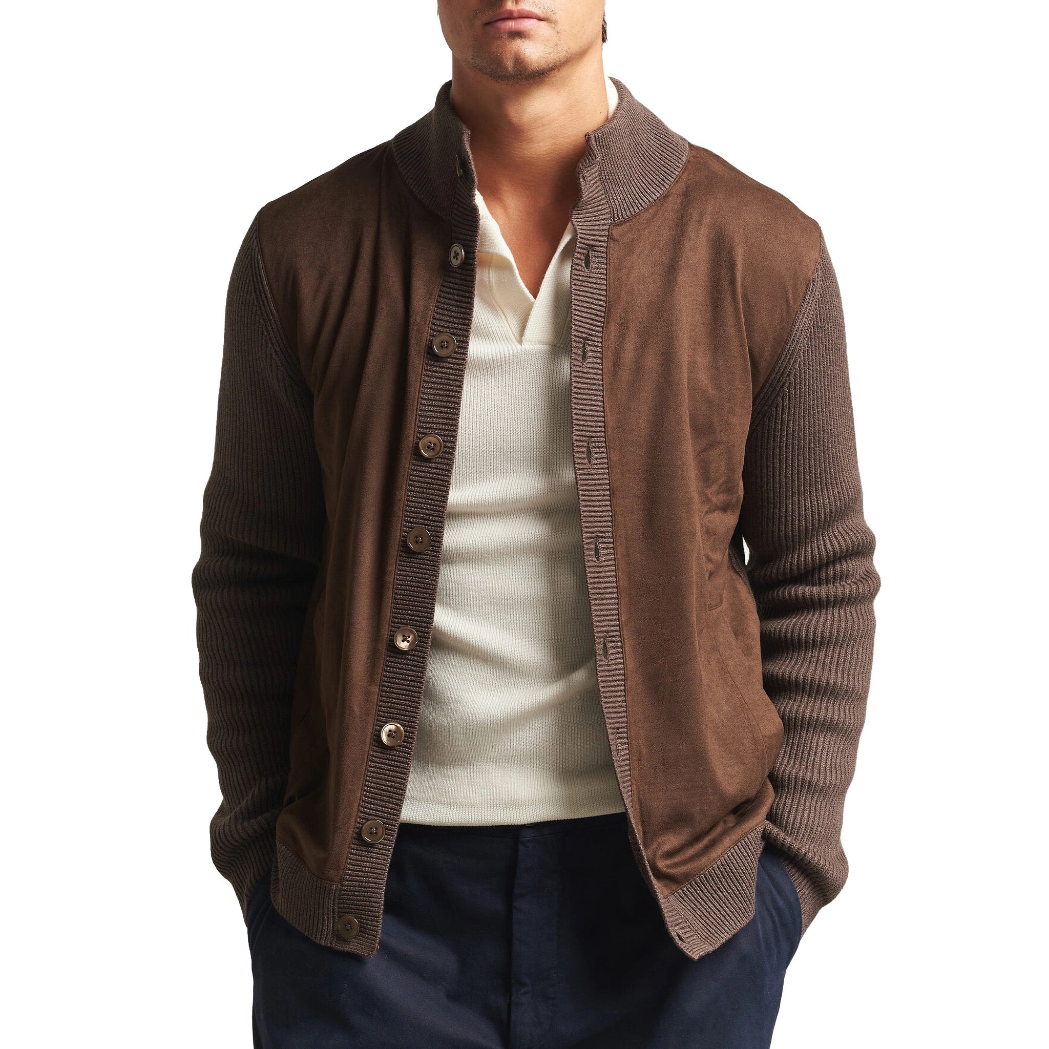 Brown Alcantara Cotton-Wool Blend Hybrid Cardigan - Stenströms - Boutique Jacques International