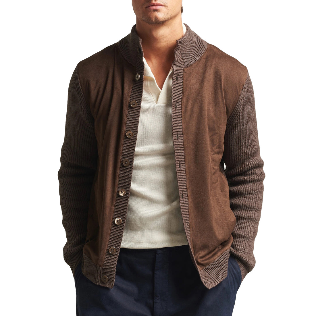 Brown Alcantara Cotton-Wool Blend Hybrid Cardigan - Stenströms - Boutique Jacques International