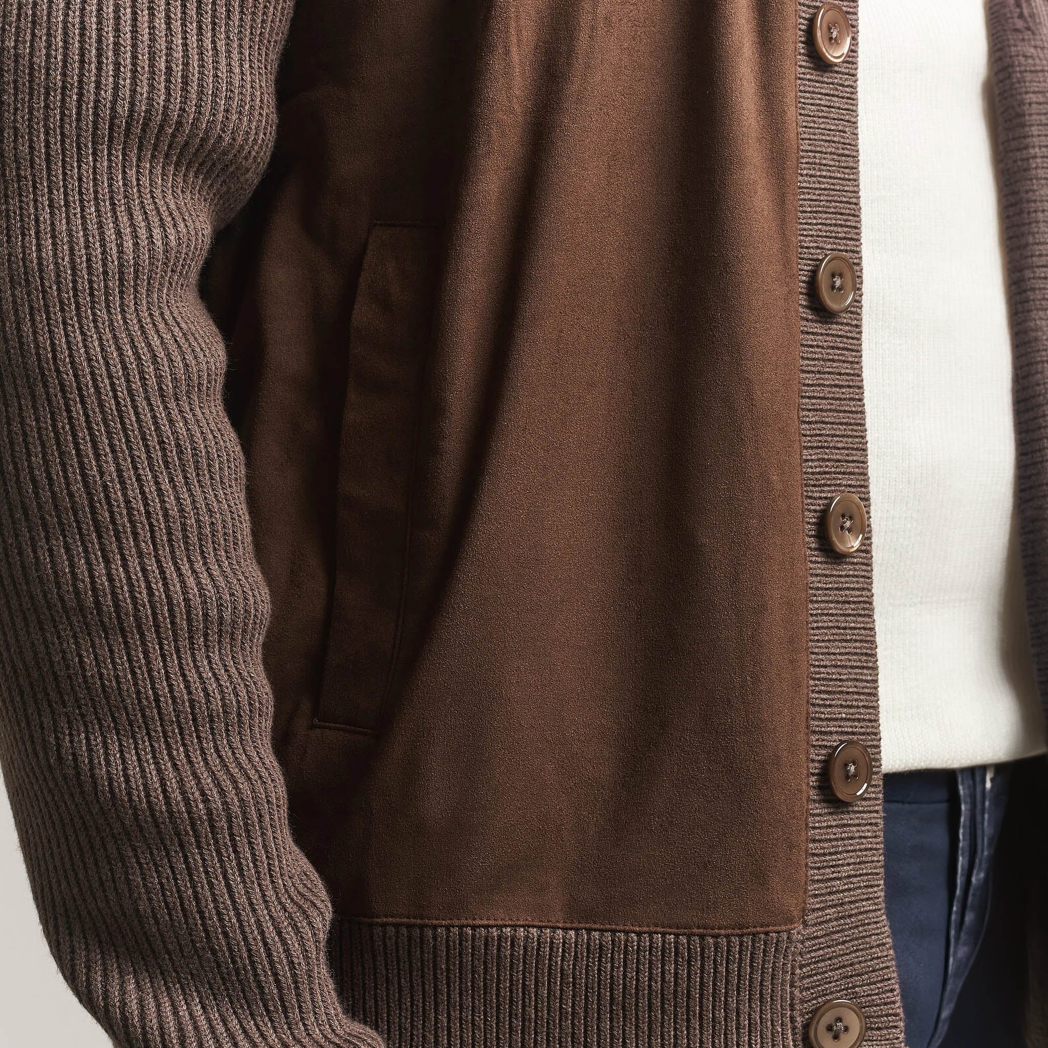 Brown Alcantara Cotton-Wool Blend Hybrid Cardigan - Stenströms - Boutique Jacques International