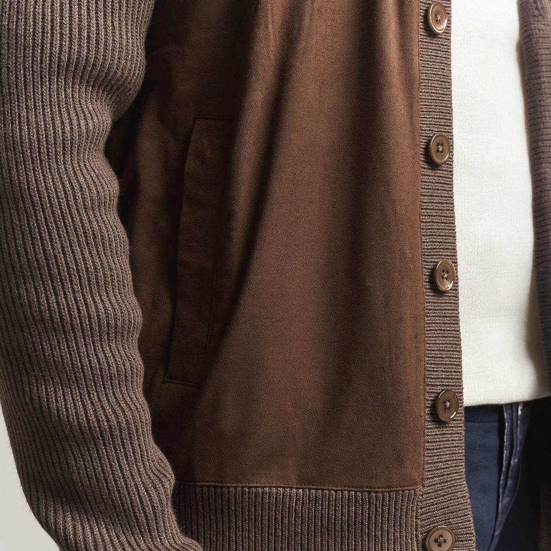 Brown Alcantara Cotton-Wool Blend Hybrid Cardigan - Stenströms - Boutique Jacques International