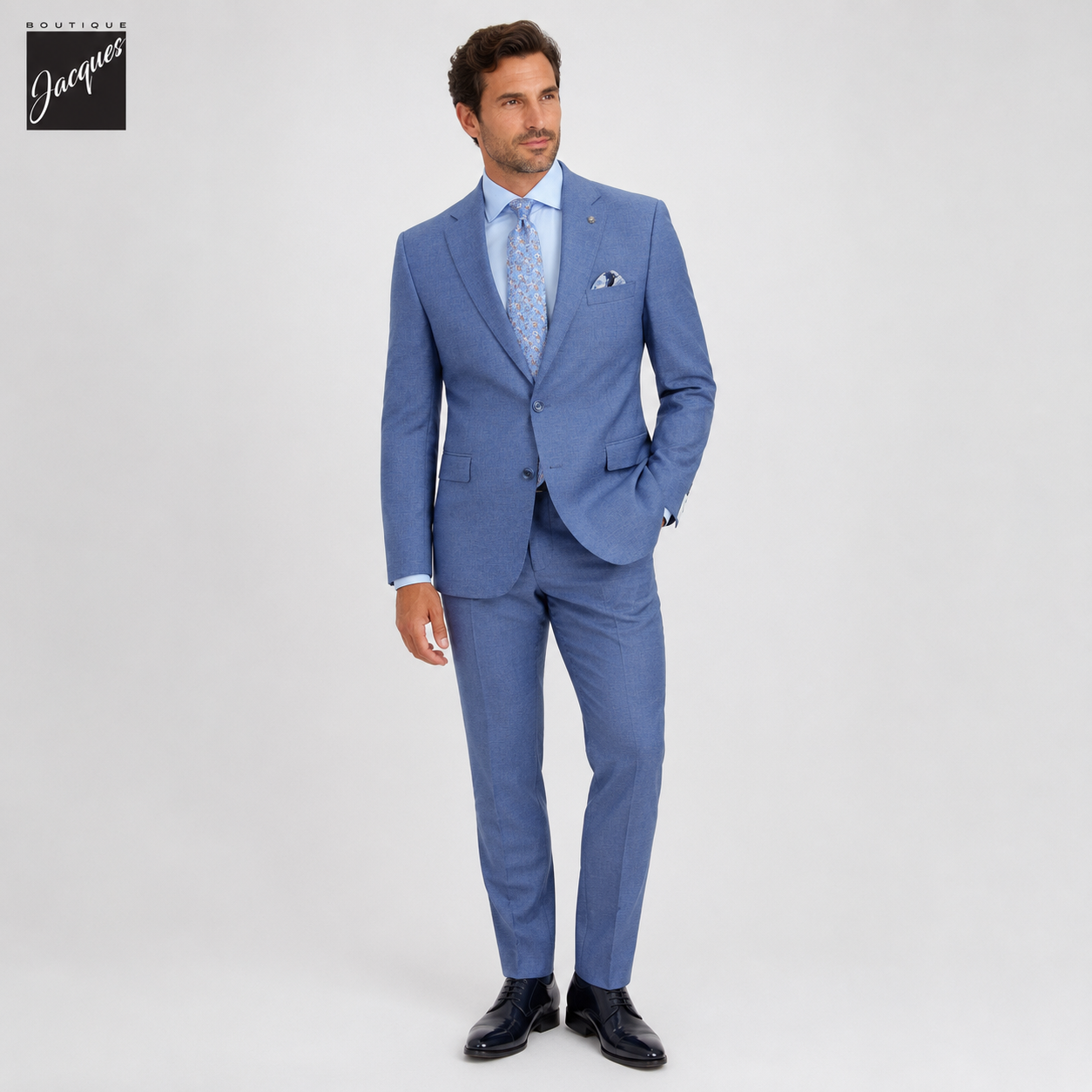 Light Blue Neat Wool/Cotton/Silk Stretch Esprit Modern Fit Suit - Jack Victor