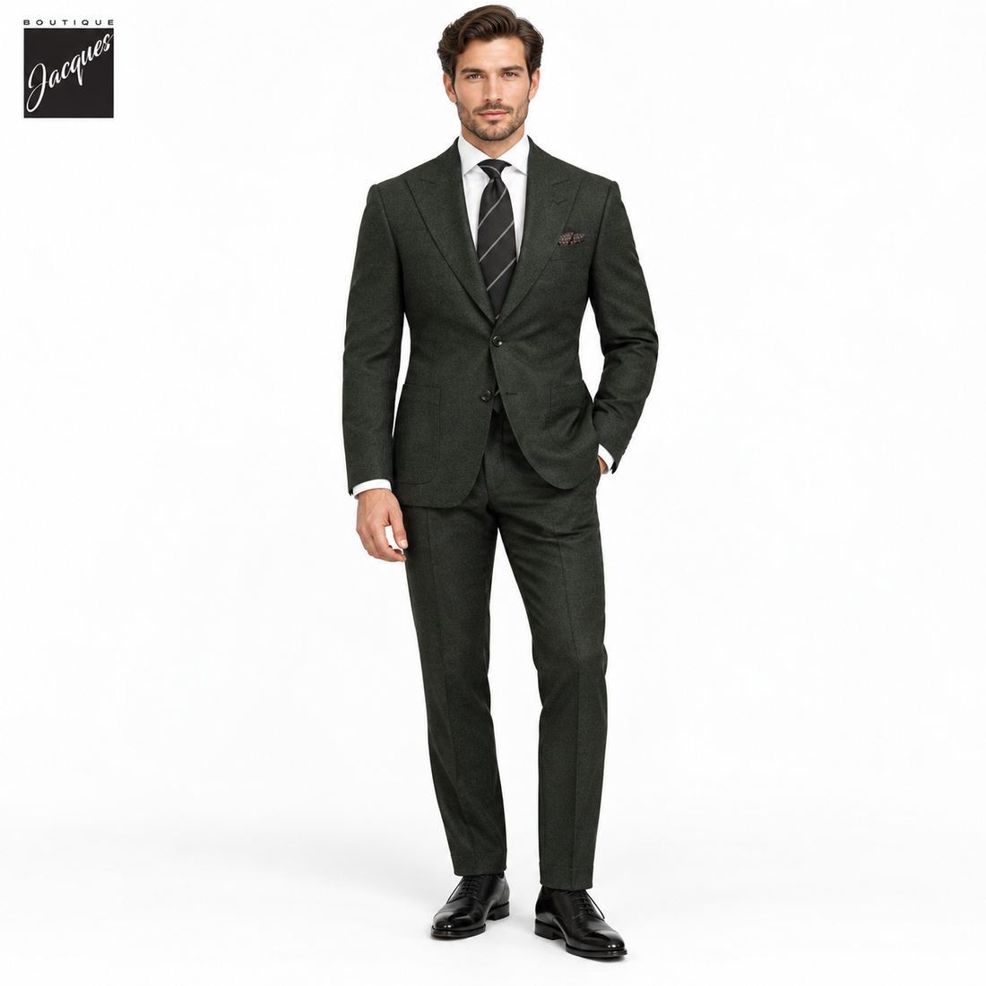 Costume Marco coupe contemporaine en flanelle de laine Super 120 vert foncé - Jack Victor
