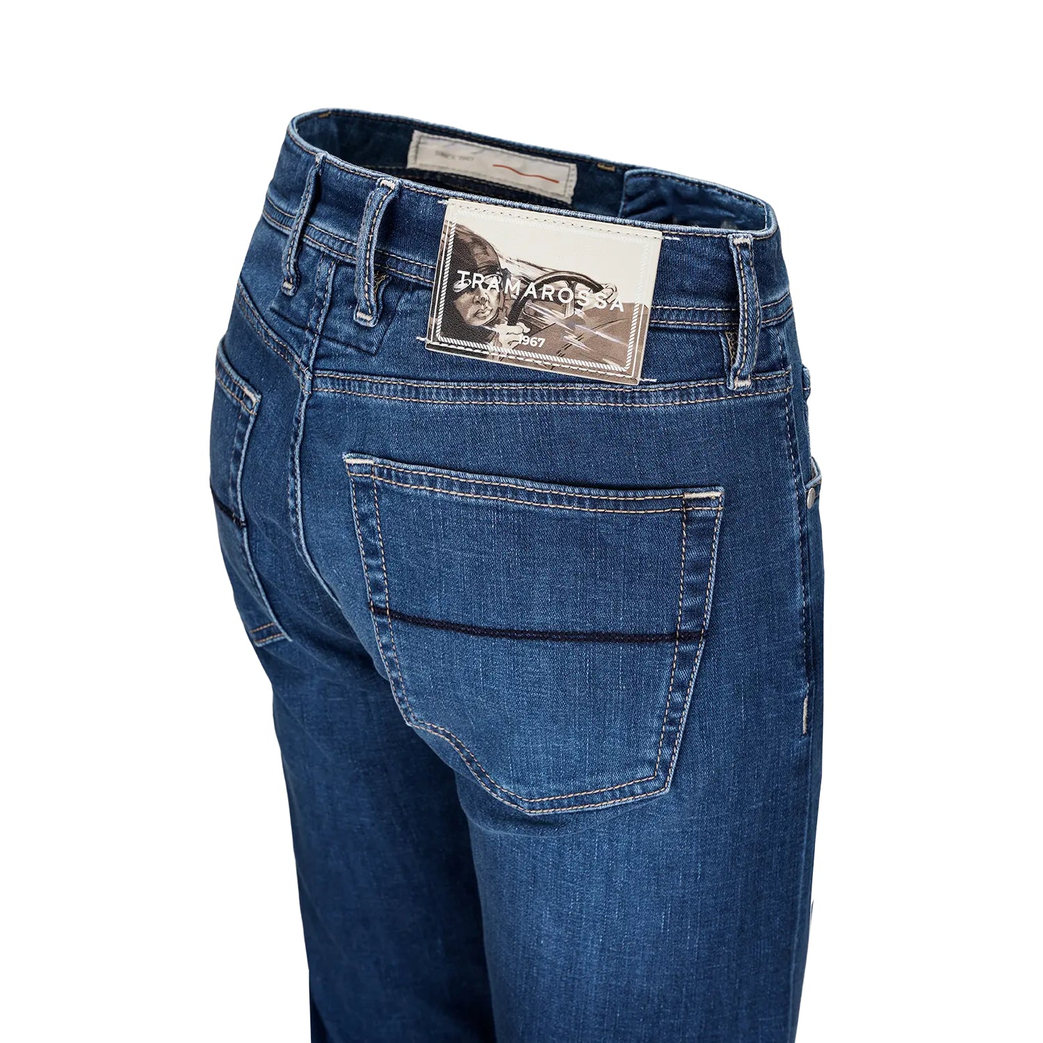 Mid Blue Racing-Motif Leonardo Slim Fit Super-Stretch Denim - TRAMAROSSA - Boutique Jacques International
