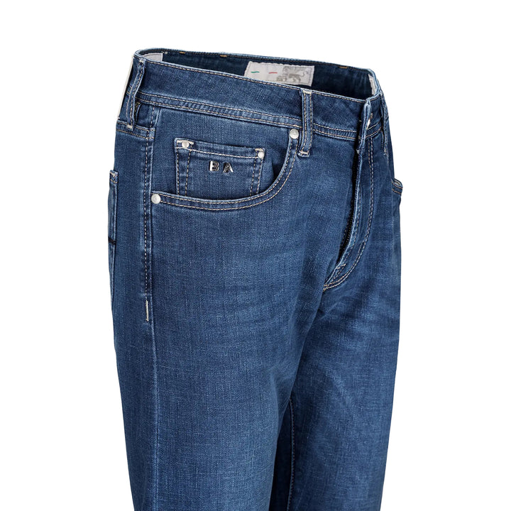 Mid Blue Racing-Motif Leonardo Slim Fit Super-Stretch Denim - TRAMAROSSA - Boutique Jacques International