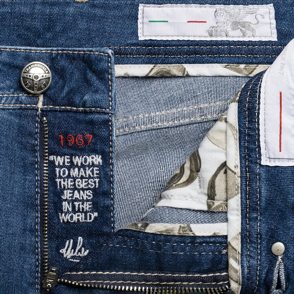 Mid Blue Racing-Motif Leonardo Slim Fit Super-Stretch Denim - TRAMAROSSA - Boutique Jacques International