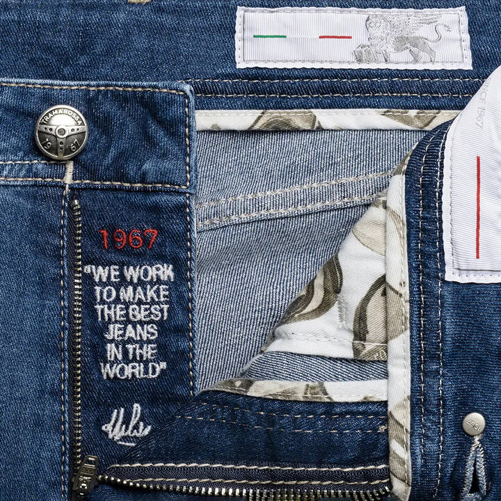 Mid Blue Racing-Motif Leonardo Slim Fit Super-Stretch Denim - TRAMAROSSA - Boutique Jacques International