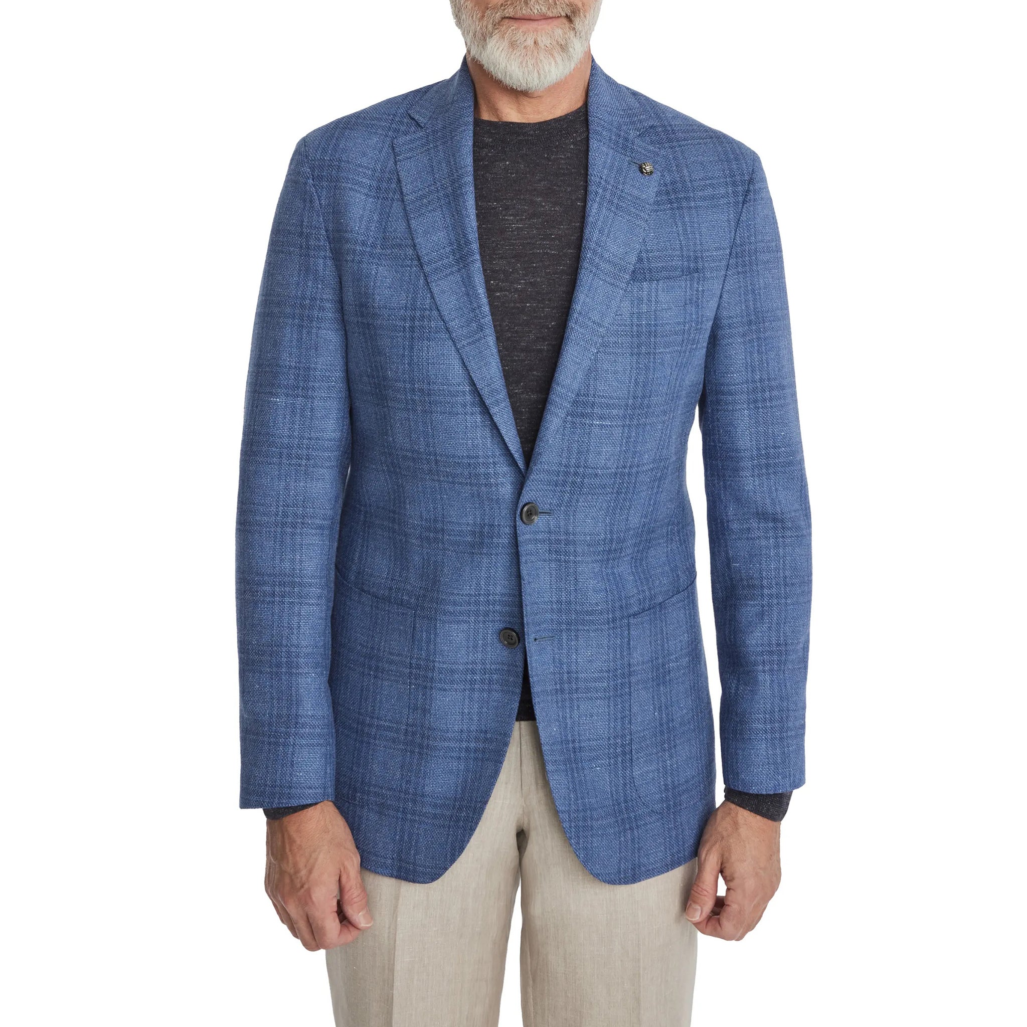 Mid-Blue Check Wool-Linen Hampton Contemporary Fit Sport Jacket - Jack Victor