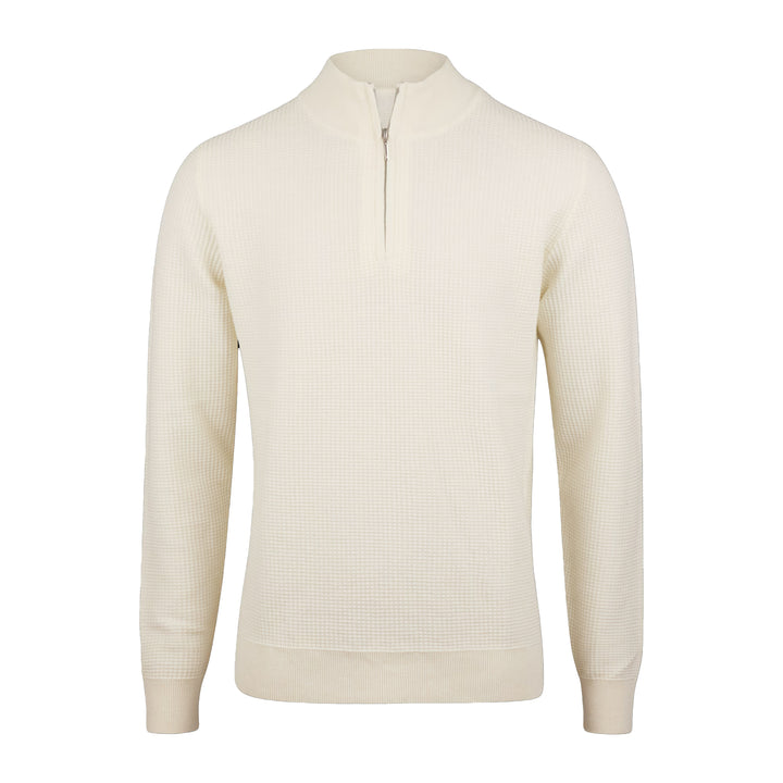 Off-White Textured Cotton Half Zip Sweater - Stenströms
