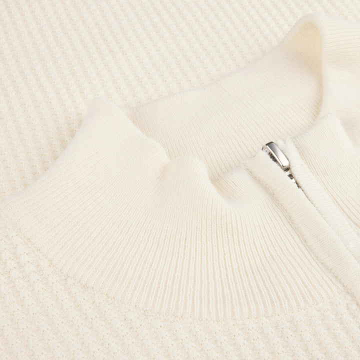 Off-White Textured Cotton Half Zip Sweater - Stenströms