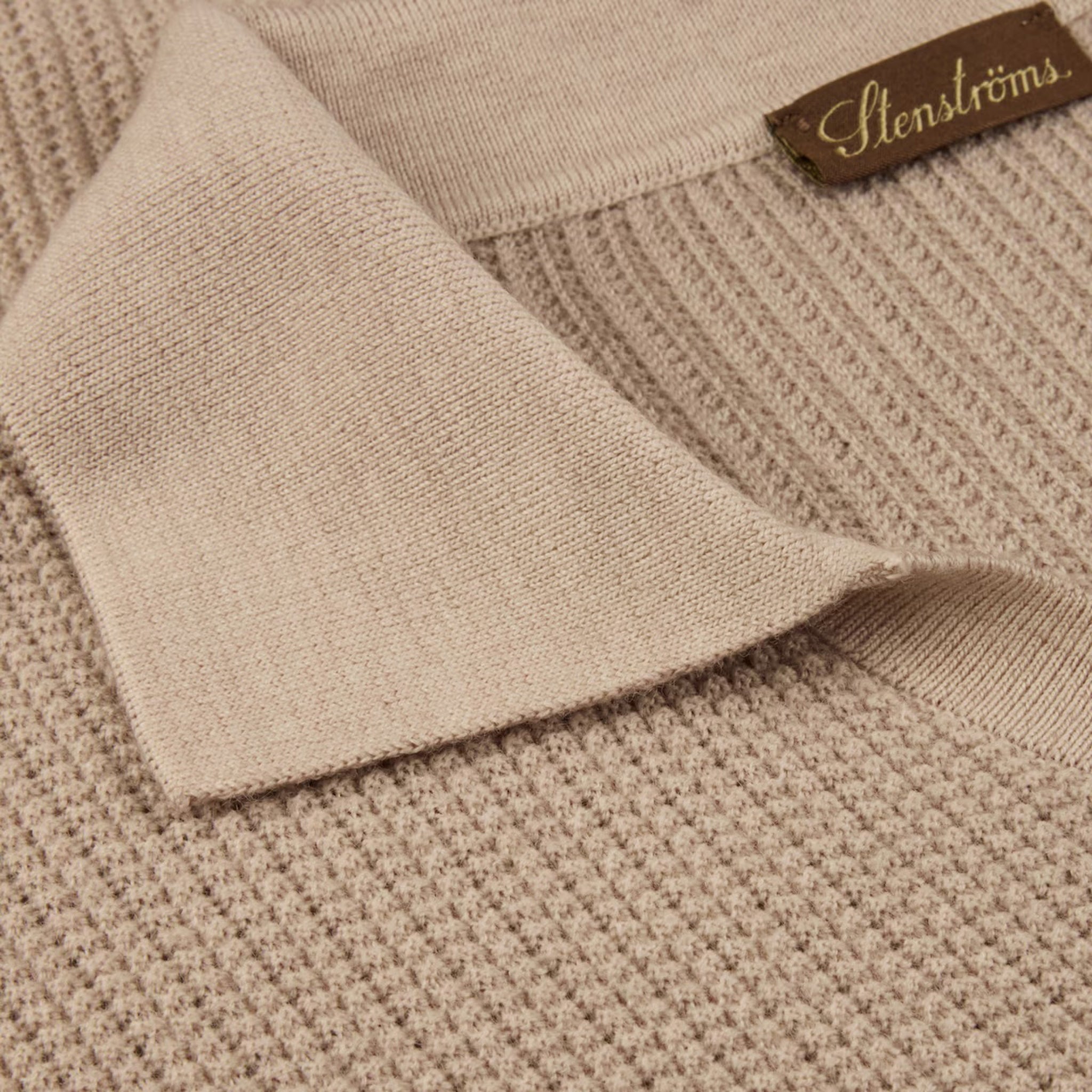 Beige Knitted Merino Wool Open Collar Polo Shirt - Stenströms
