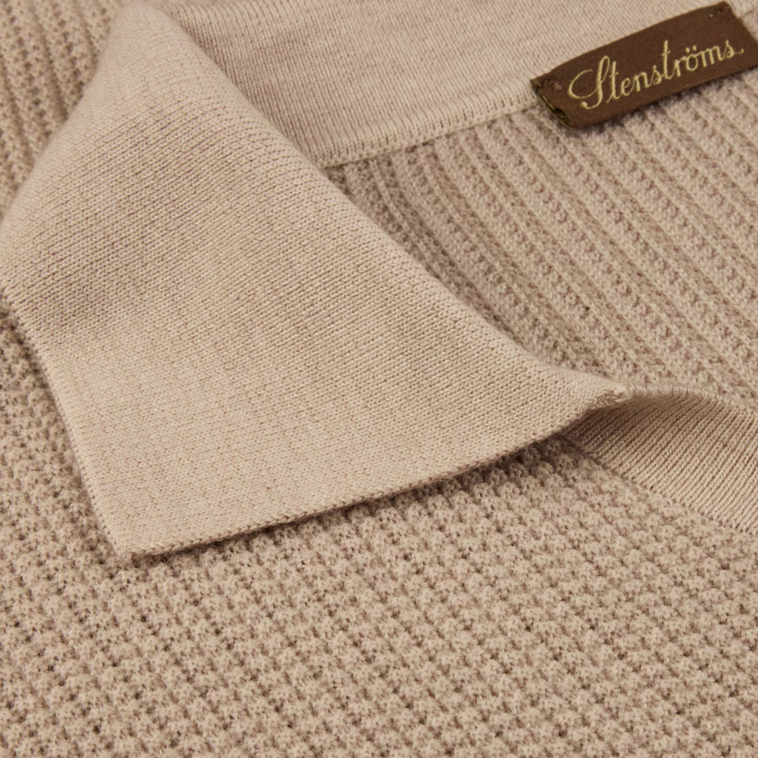 Beige Knitted Merino Wool Open Collar Polo Shirt - Stenströms