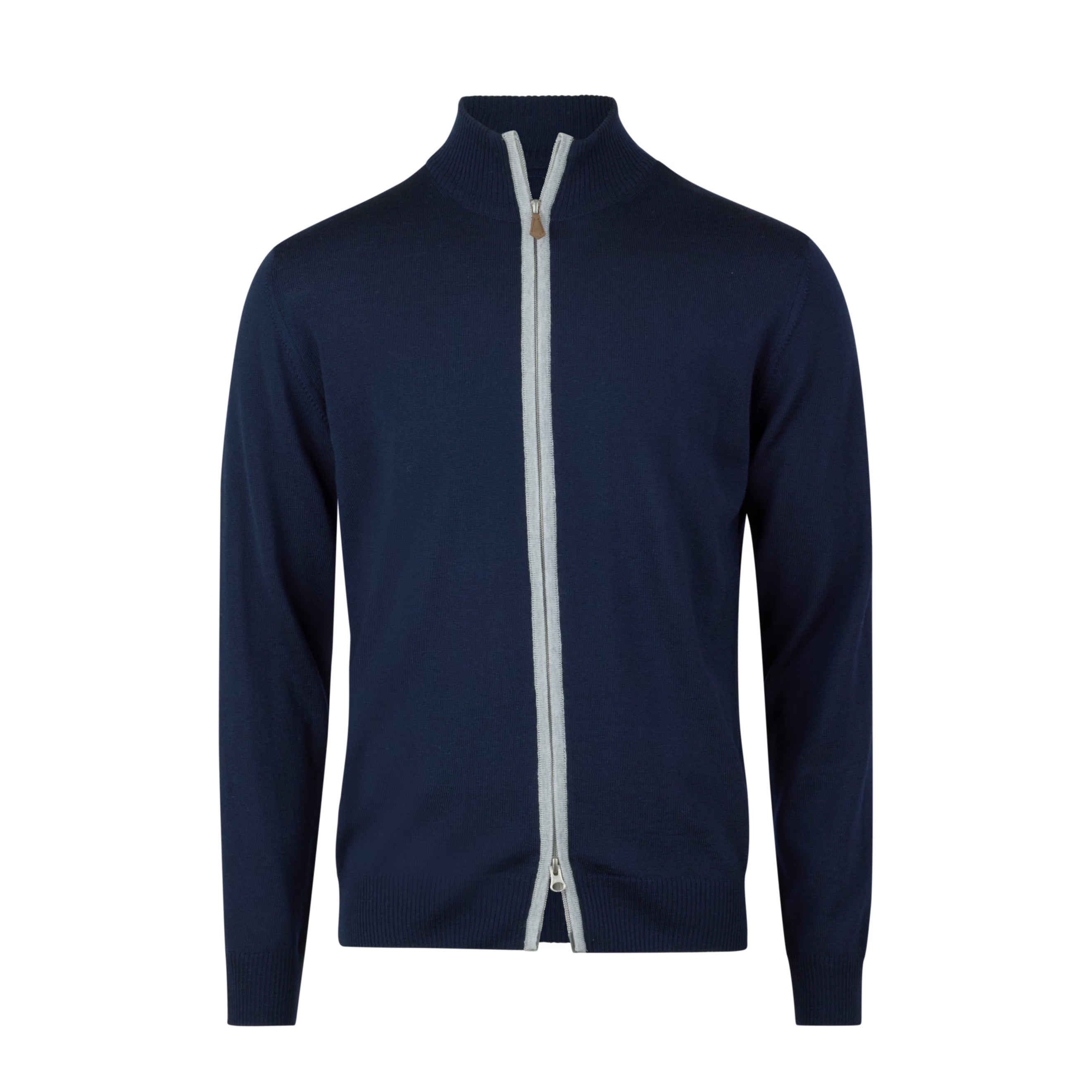 Navy Blue Merino Wool Full Zip Sweater with Elbow Patches - Stenströms