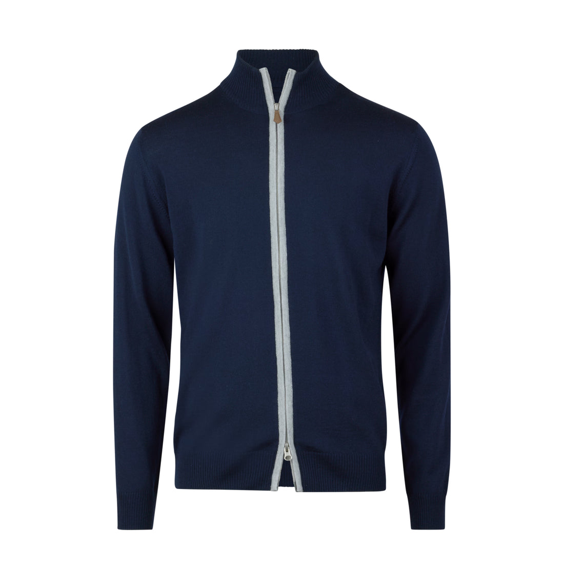 Navy Blue Merino Wool Full Zip Sweater with Elbow Patches - Stenströms