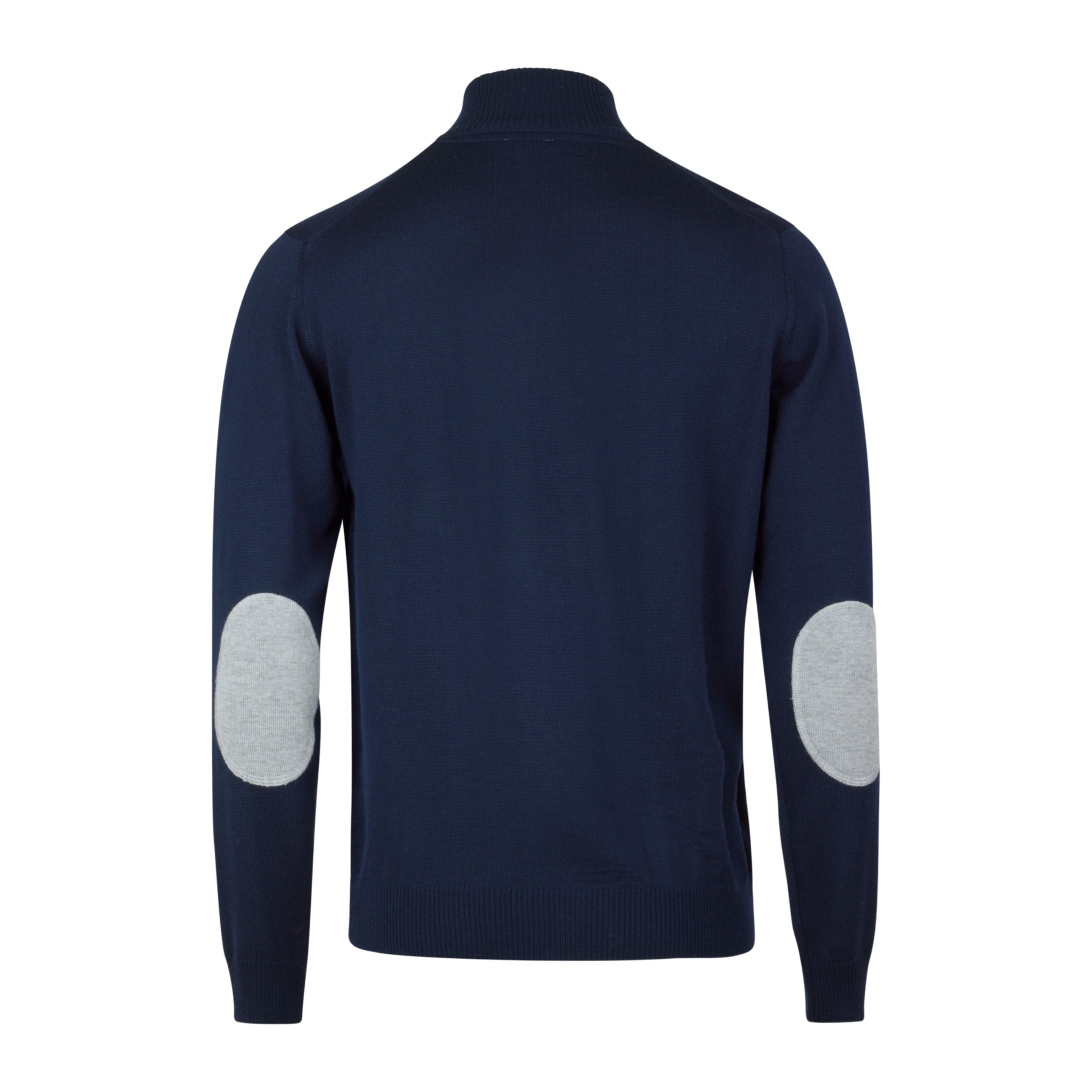 Navy Blue Merino Wool Full Zip Sweater with Elbow Patches - Stenströms