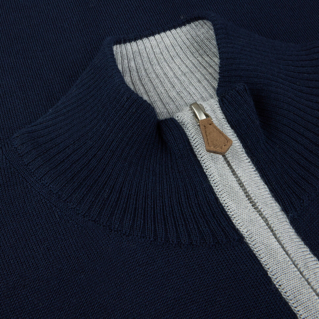 Navy Blue Merino Wool Full Zip Sweater with Elbow Patches - Stenströms