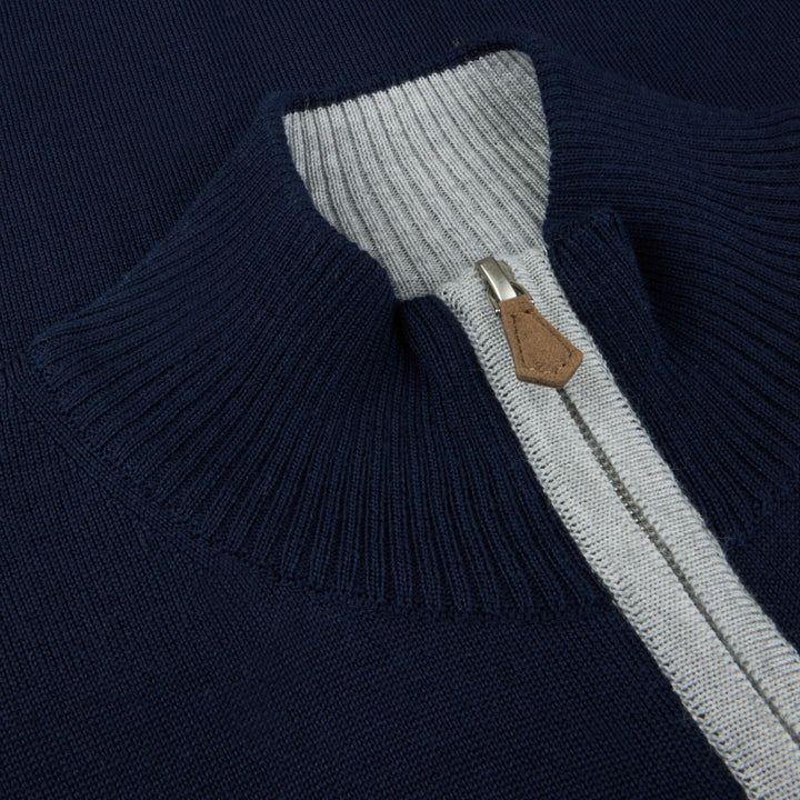 Navy Blue Merino Wool Full Zip Sweater with Elbow Patches - Stenströms