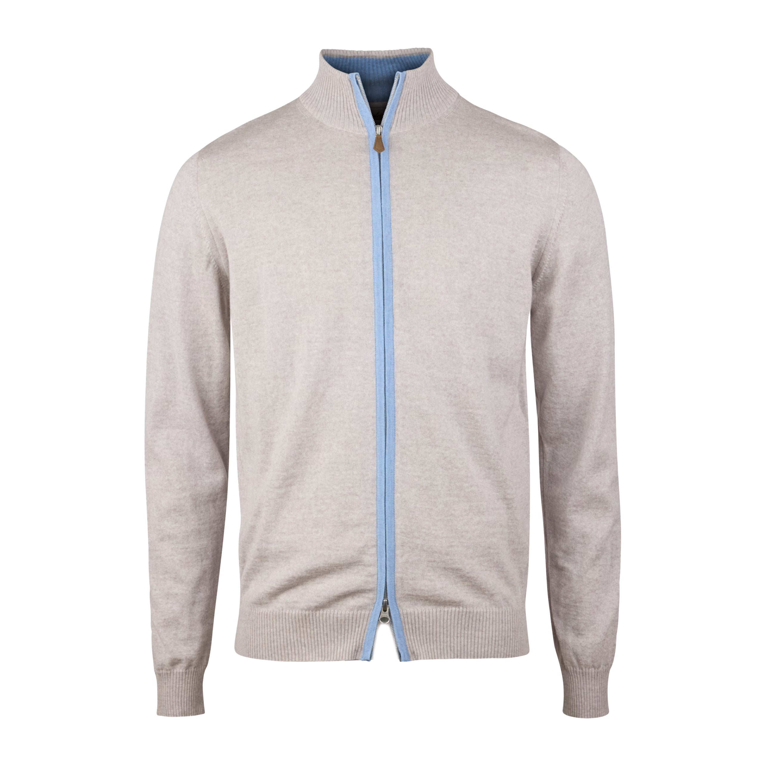 Oatmeal Merino Wool Full Zip Sweater with Elbow Patches - Stenströms