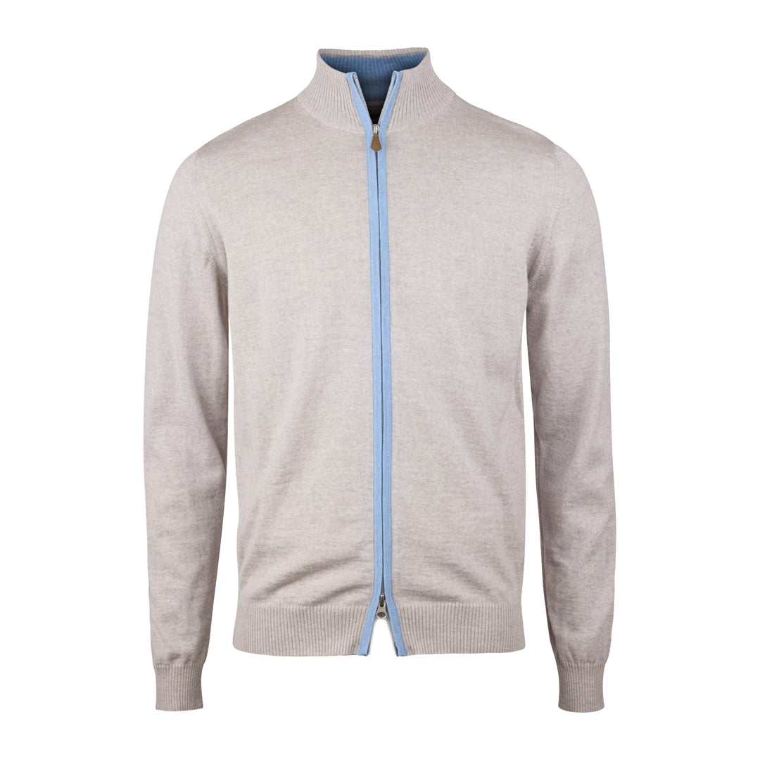 Oatmeal Merino Wool Full Zip Sweater with Elbow Patches - Stenströms