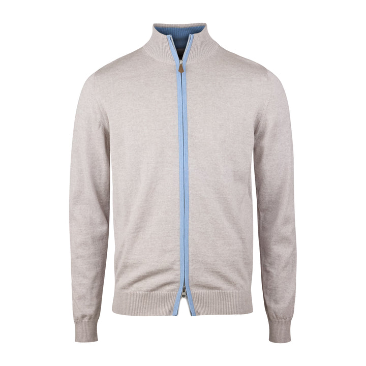Oatmeal Merino Wool Full Zip Sweater with Elbow Patches - Stenströms