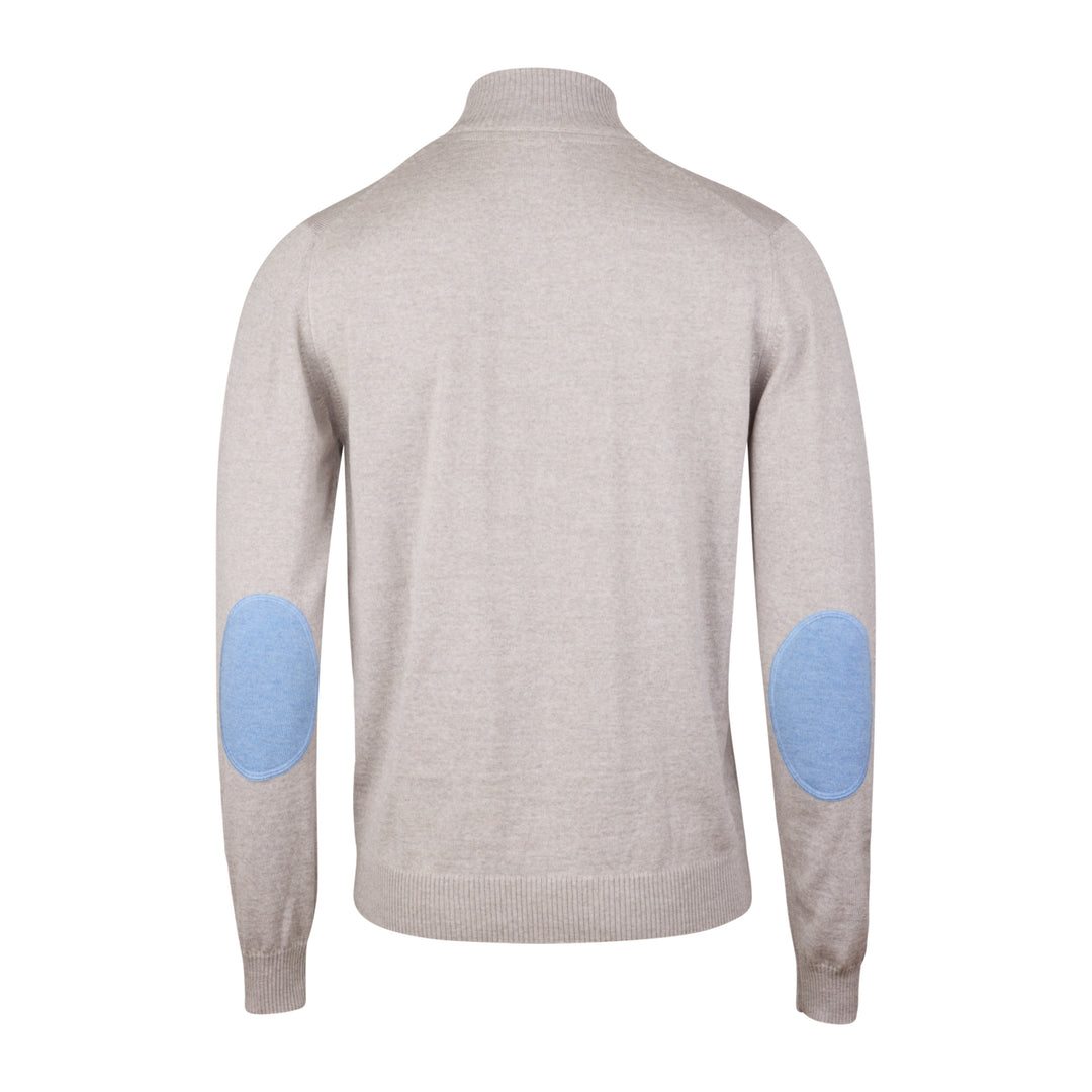 Oatmeal Merino Wool Full Zip Sweater with Elbow Patches - Stenströms