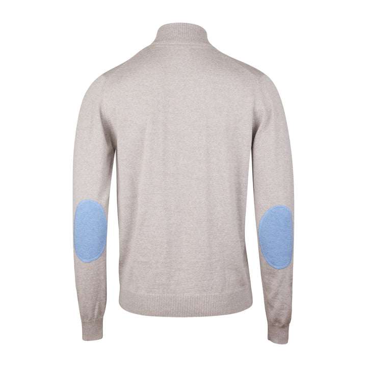 Oatmeal Merino Wool Full Zip Sweater with Elbow Patches - Stenströms
