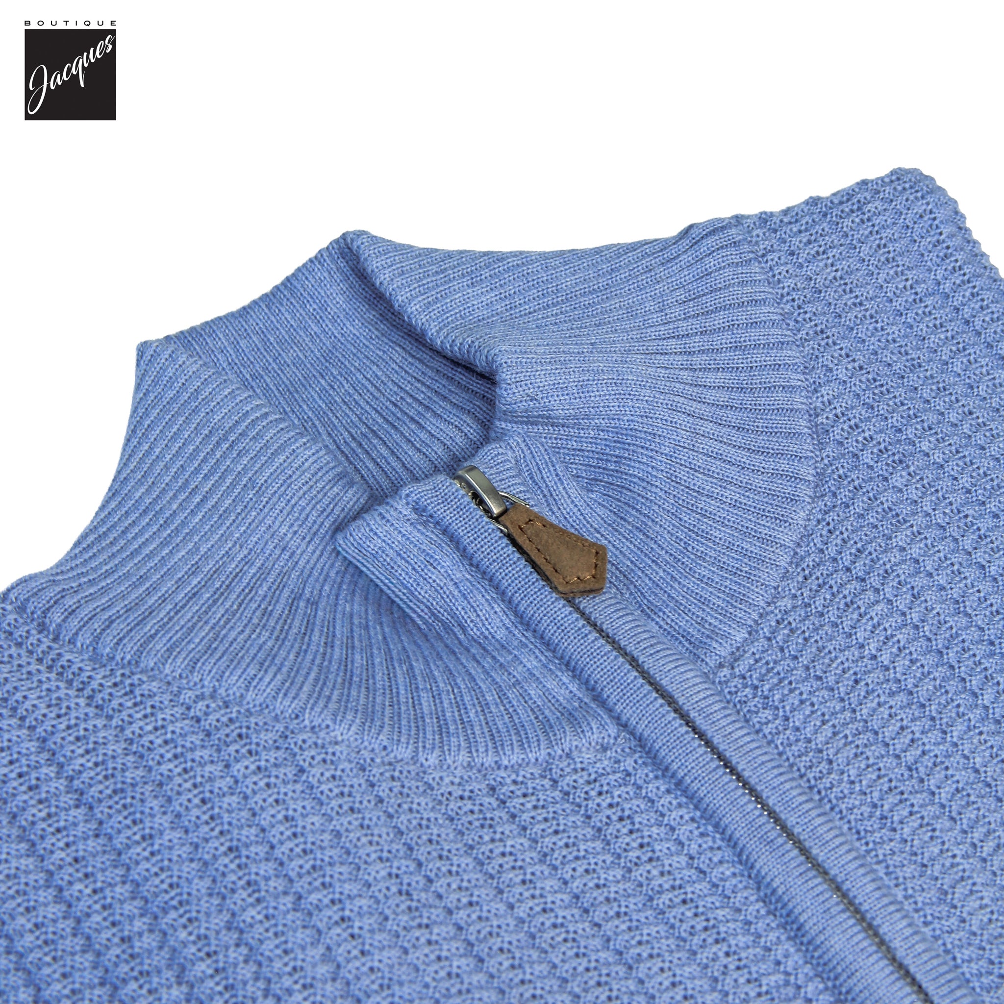 Blue Textured Merino Wool Half Zip Sweater - Stenströms