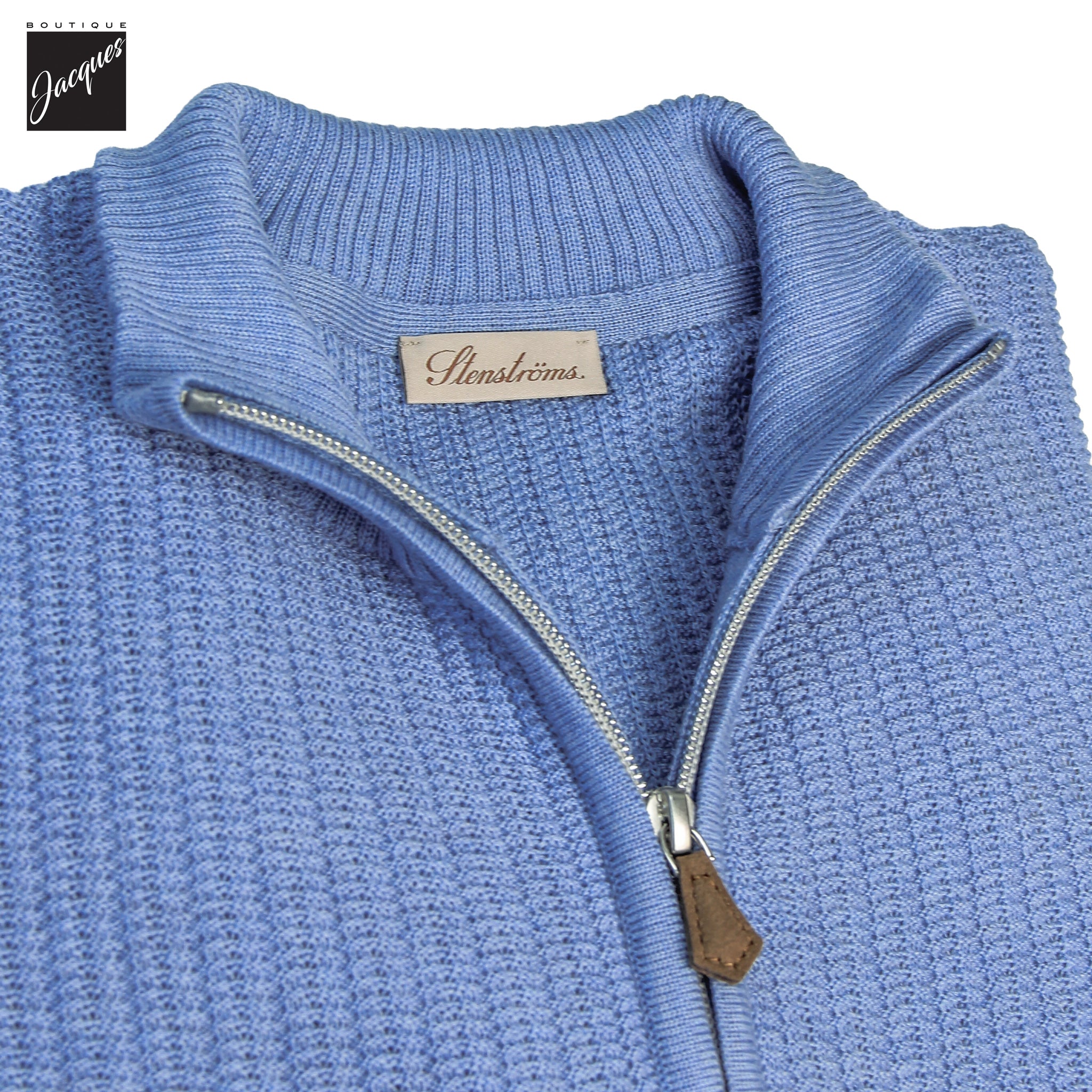 Blue Textured Merino Wool Half Zip Sweater - Stenströms