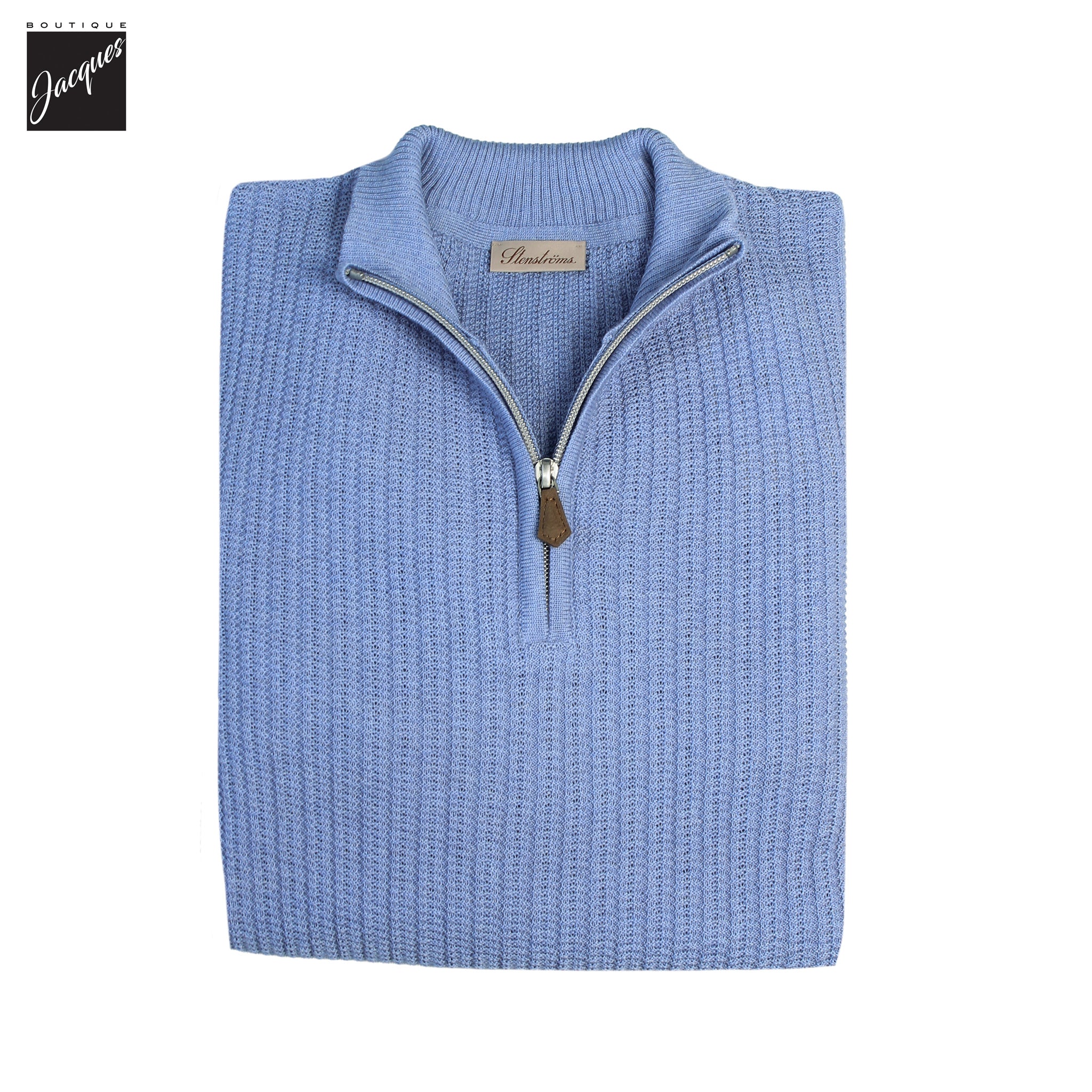 Blue Textured Merino Wool Half Zip Sweater - Stenströms