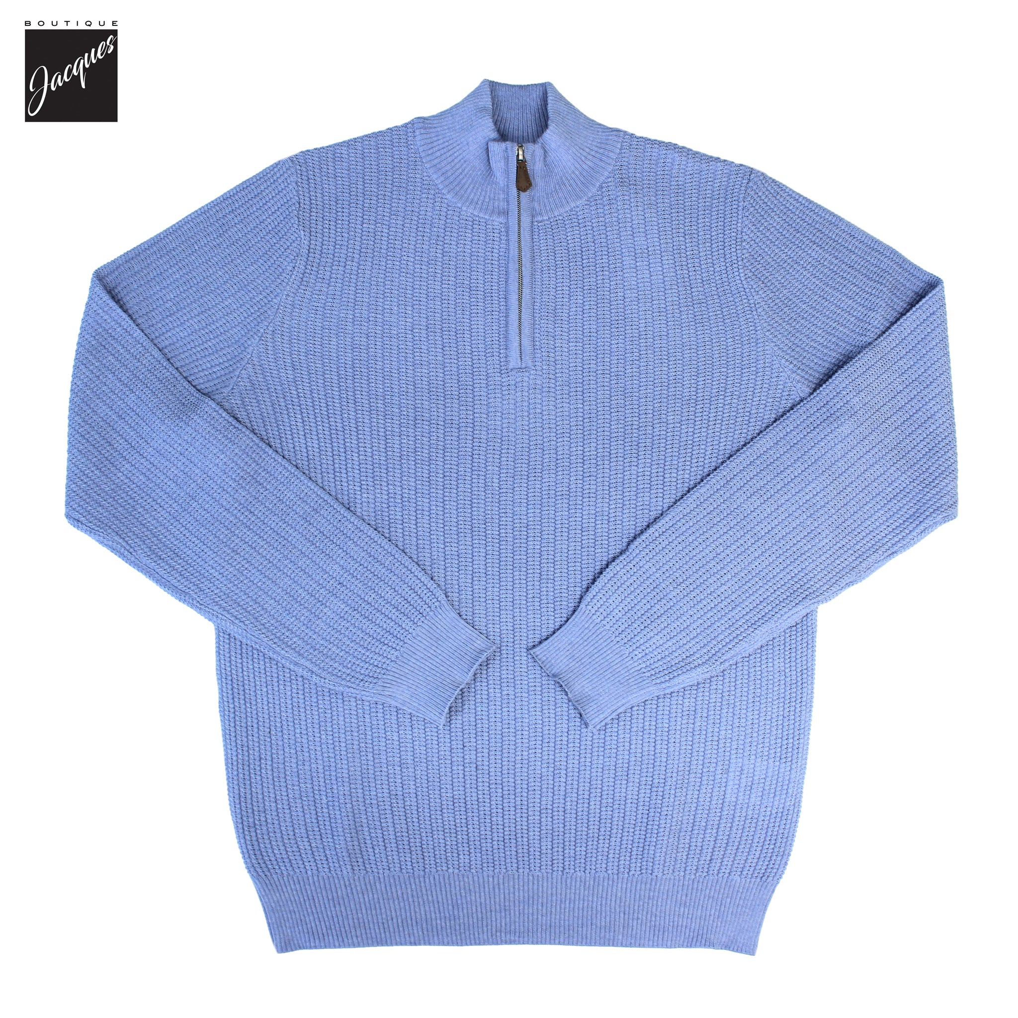 Blue Textured Merino Wool Half Zip Sweater - Stenströms - Boutique Jacques International