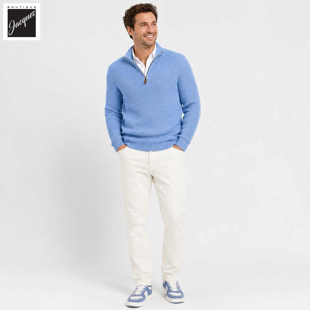 Blue Textured Merino Wool Half Zip Sweater - Stenströms