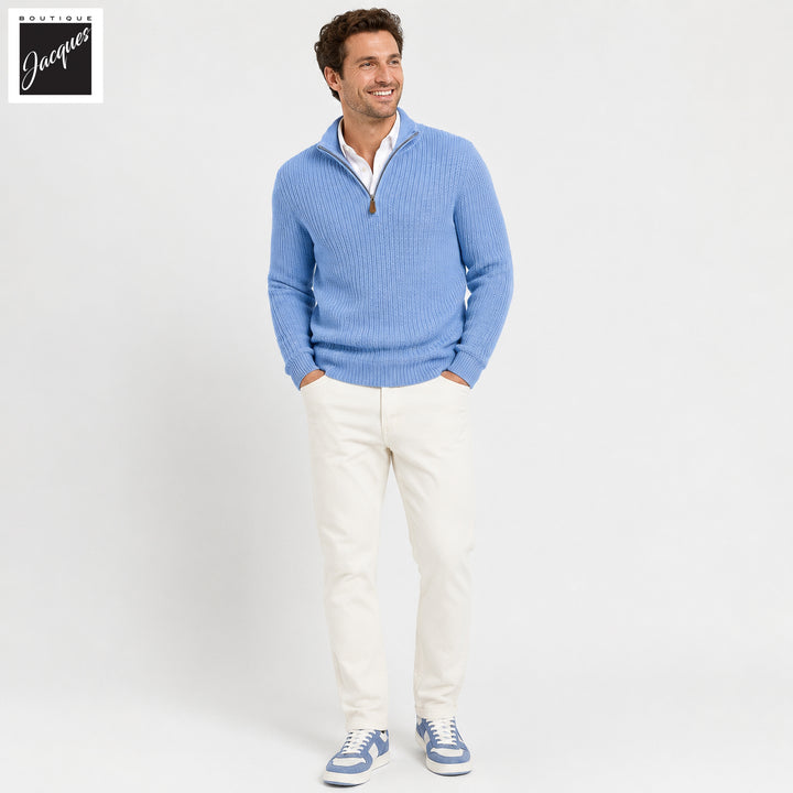 Blue Textured Merino Wool Half Zip Sweater - Stenströms
