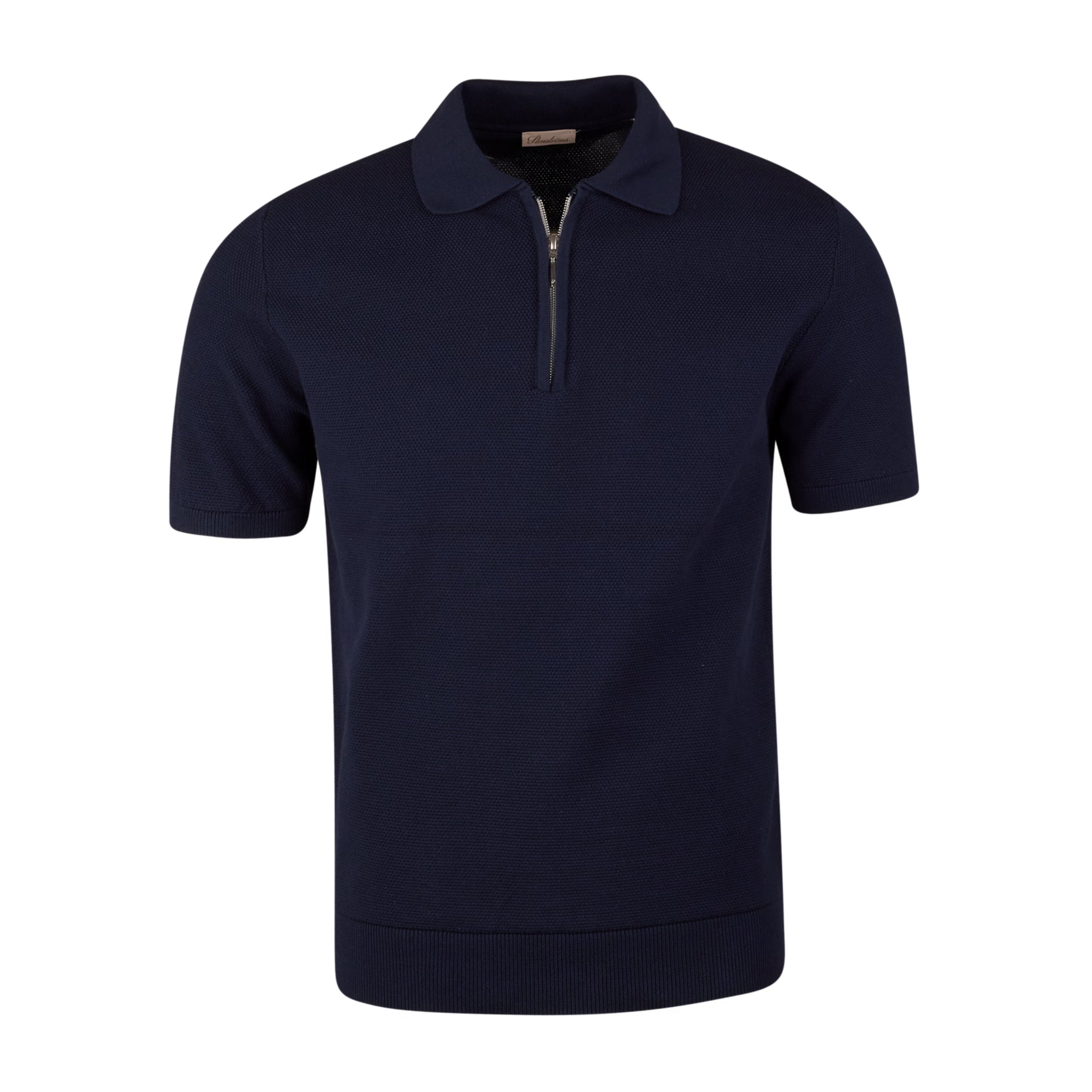 Navy Blue Organic Cotton Woven Knit Zip Polo Shirt - Stenströms