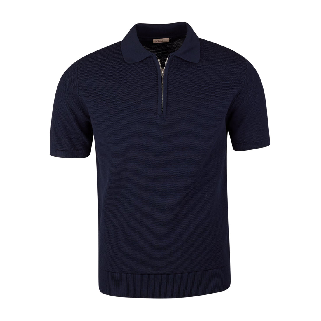 Navy Blue Organic Cotton Woven Knit Zip Polo Shirt - Stenströms