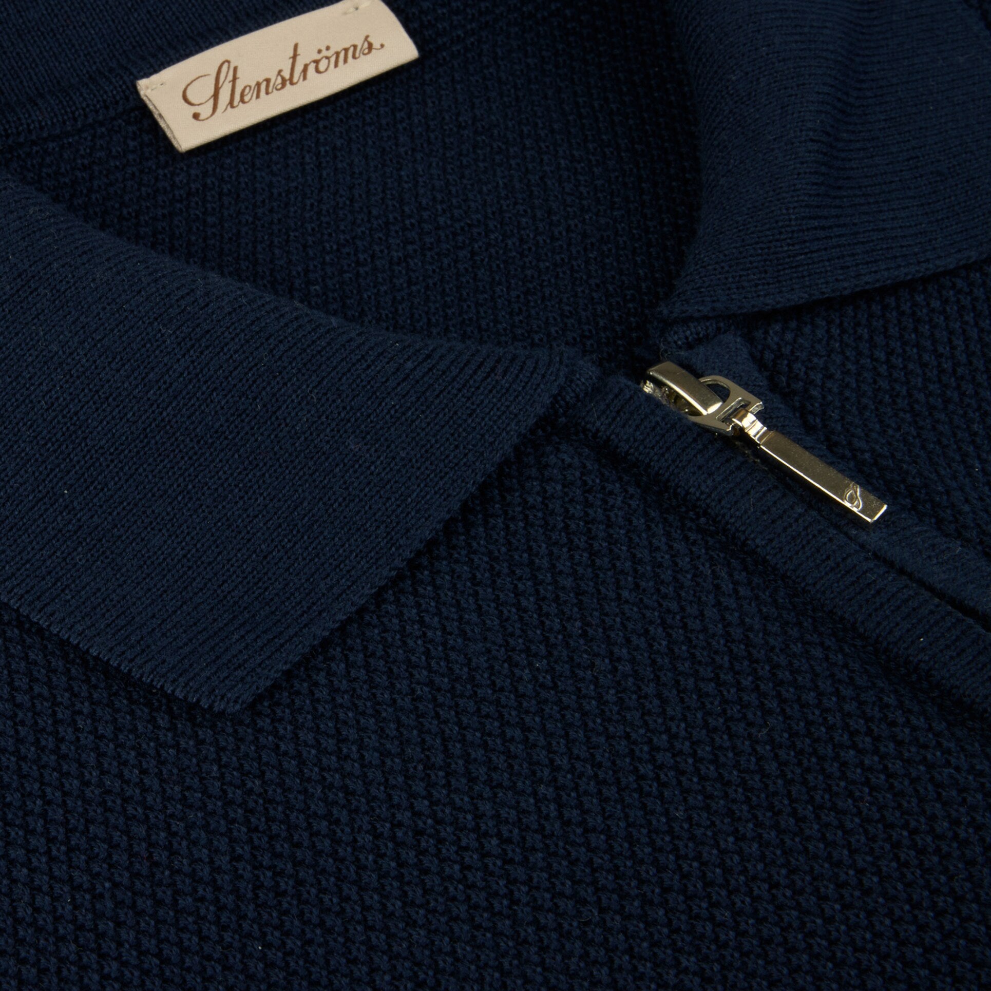 Navy Blue Organic Cotton Woven Knit Zip Polo Shirt - Stenströms