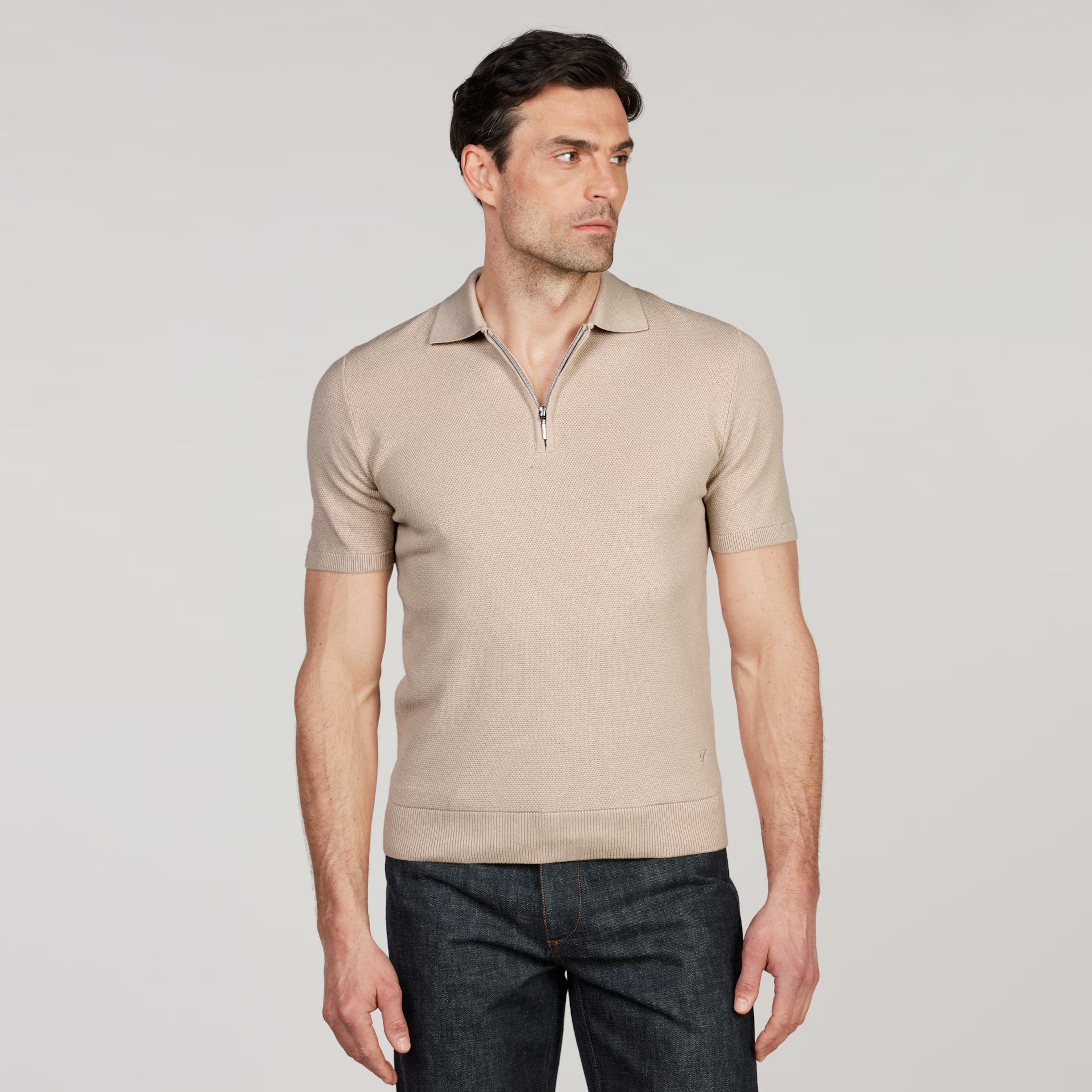 Light Beige Organic Cotton Woven Knit Zip Polo Shirt - Stenströms - Boutique Jacques International