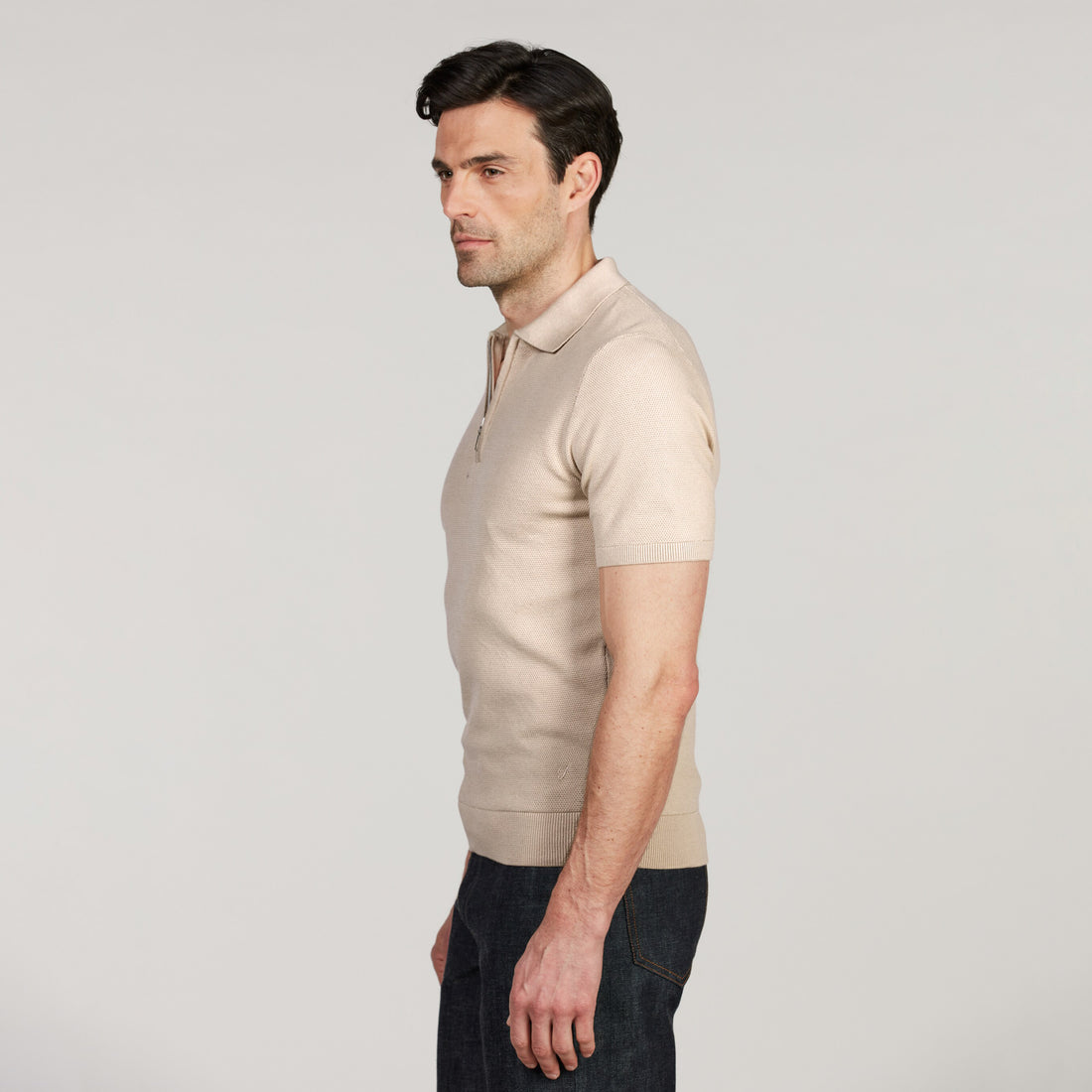 Light Beige Organic Cotton Woven Knit Zip Polo Shirt - Stenströms - Boutique Jacques International