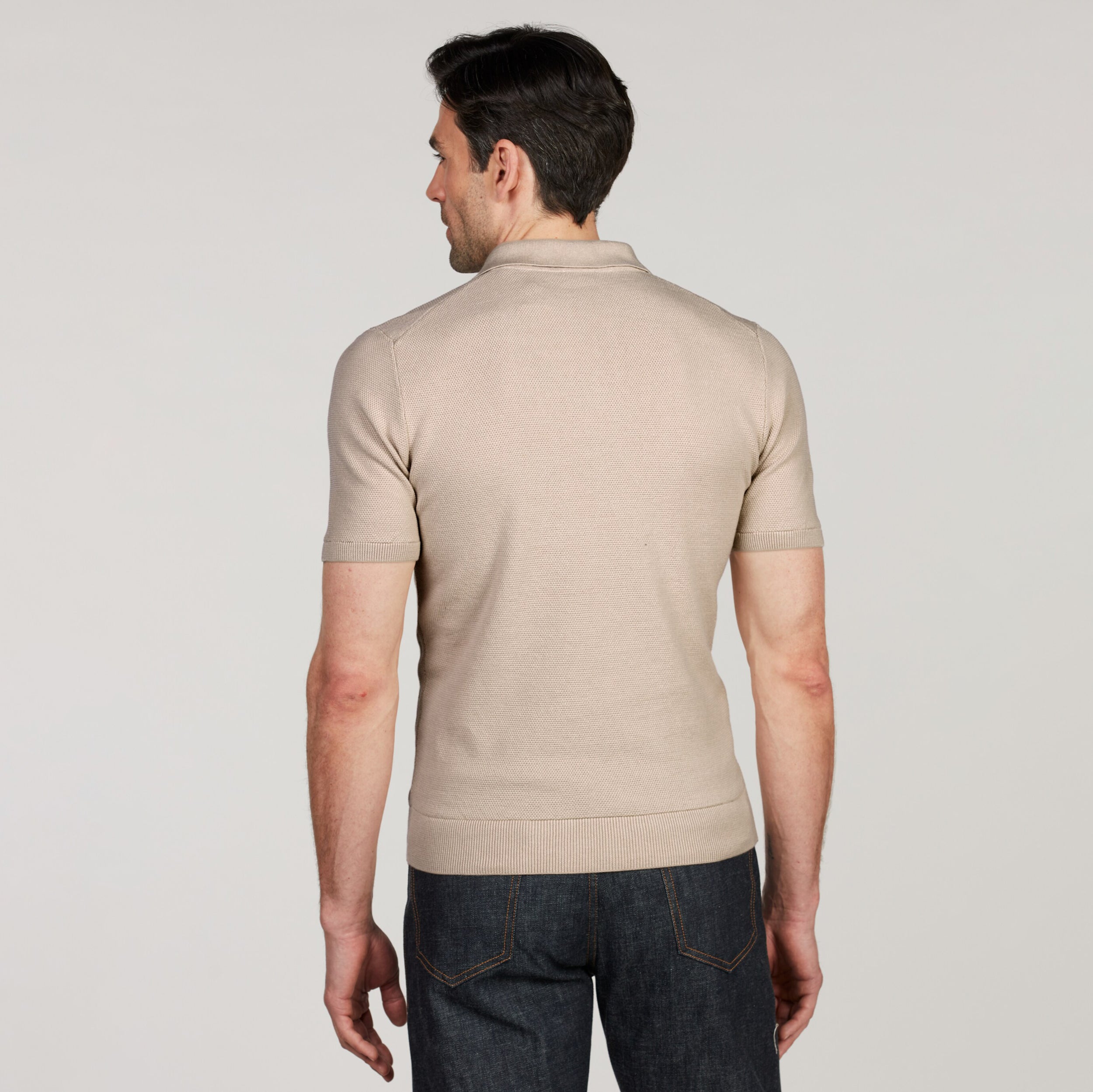 Light Beige Organic Cotton Woven Knit Zip Polo Shirt - Stenströms - Boutique Jacques International