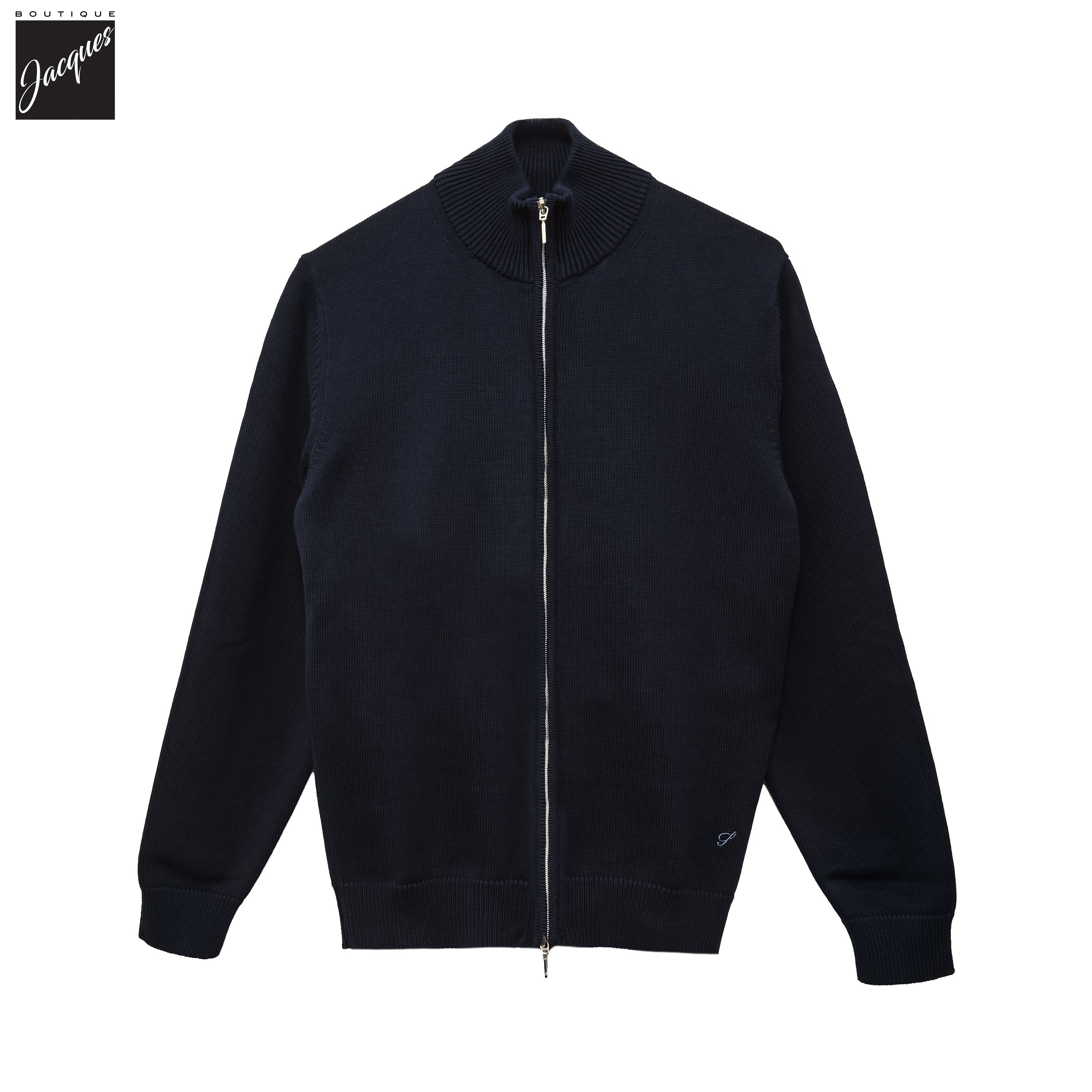 Navy Blue Cotton Full Zip Sweater with Baseball Collar - Stenströms - Boutique Jacques International