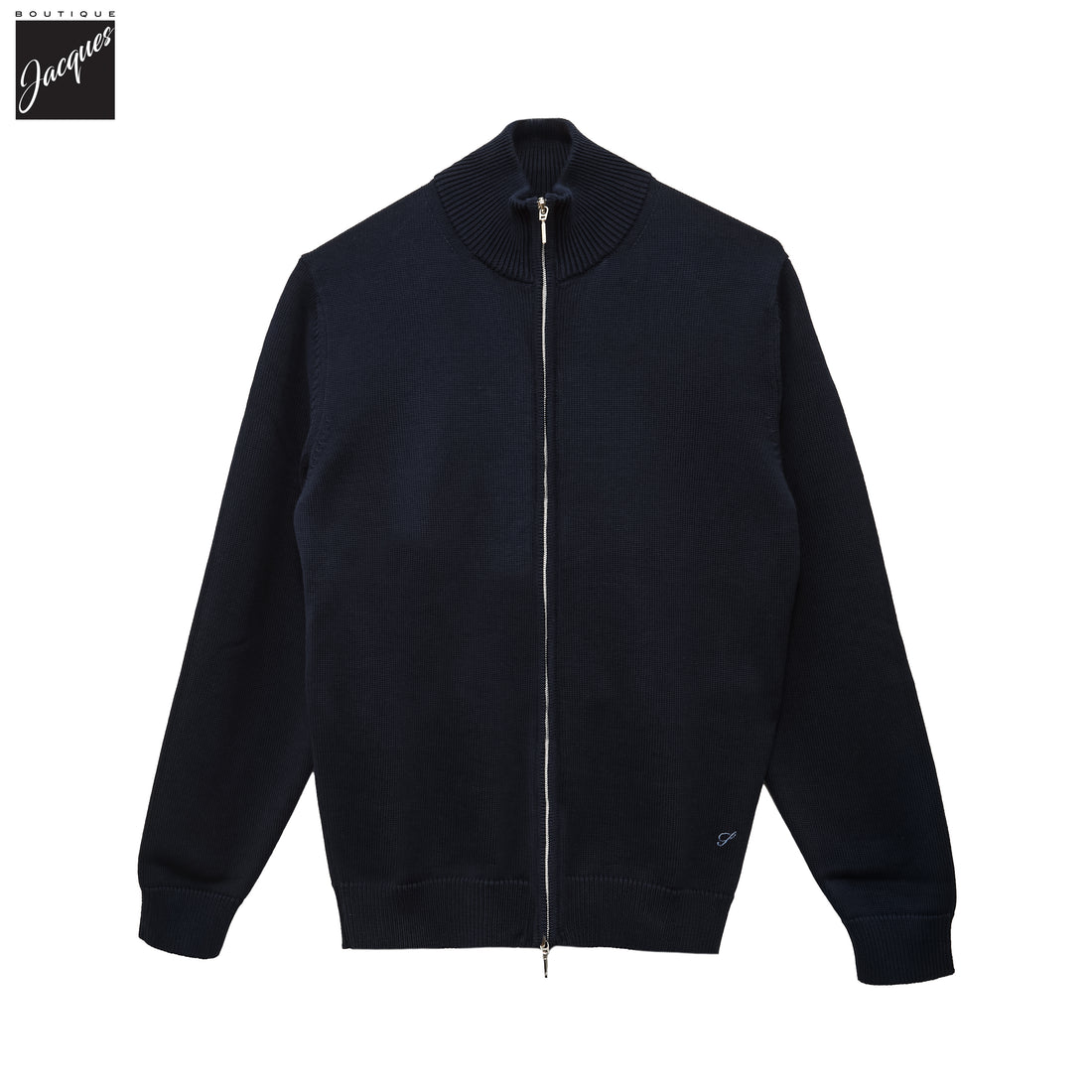 Navy Blue Cotton Full Zip Sweater with Baseball Collar - Stenströms - Boutique Jacques International