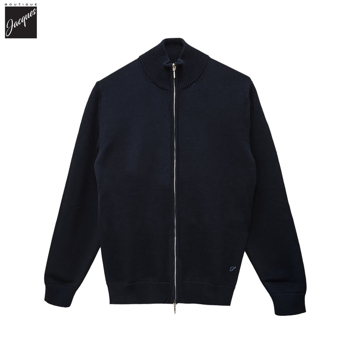 Navy Blue Cotton Full Zip Sweater with Baseball Collar - Stenströms - Boutique Jacques International