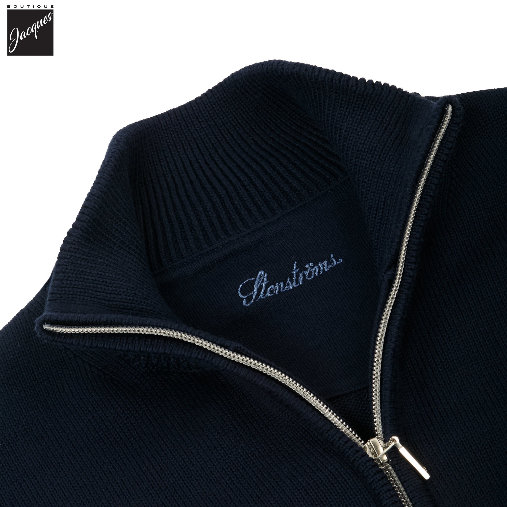 Navy Blue Cotton Full Zip Sweater with Baseball Collar - Stenströms - Boutique Jacques International