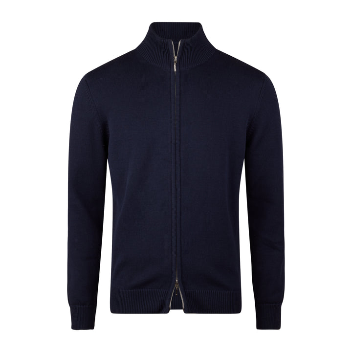 Navy Blue Cotton Full Zip Sweater with Baseball Collar - Stenströms - Boutique Jacques International