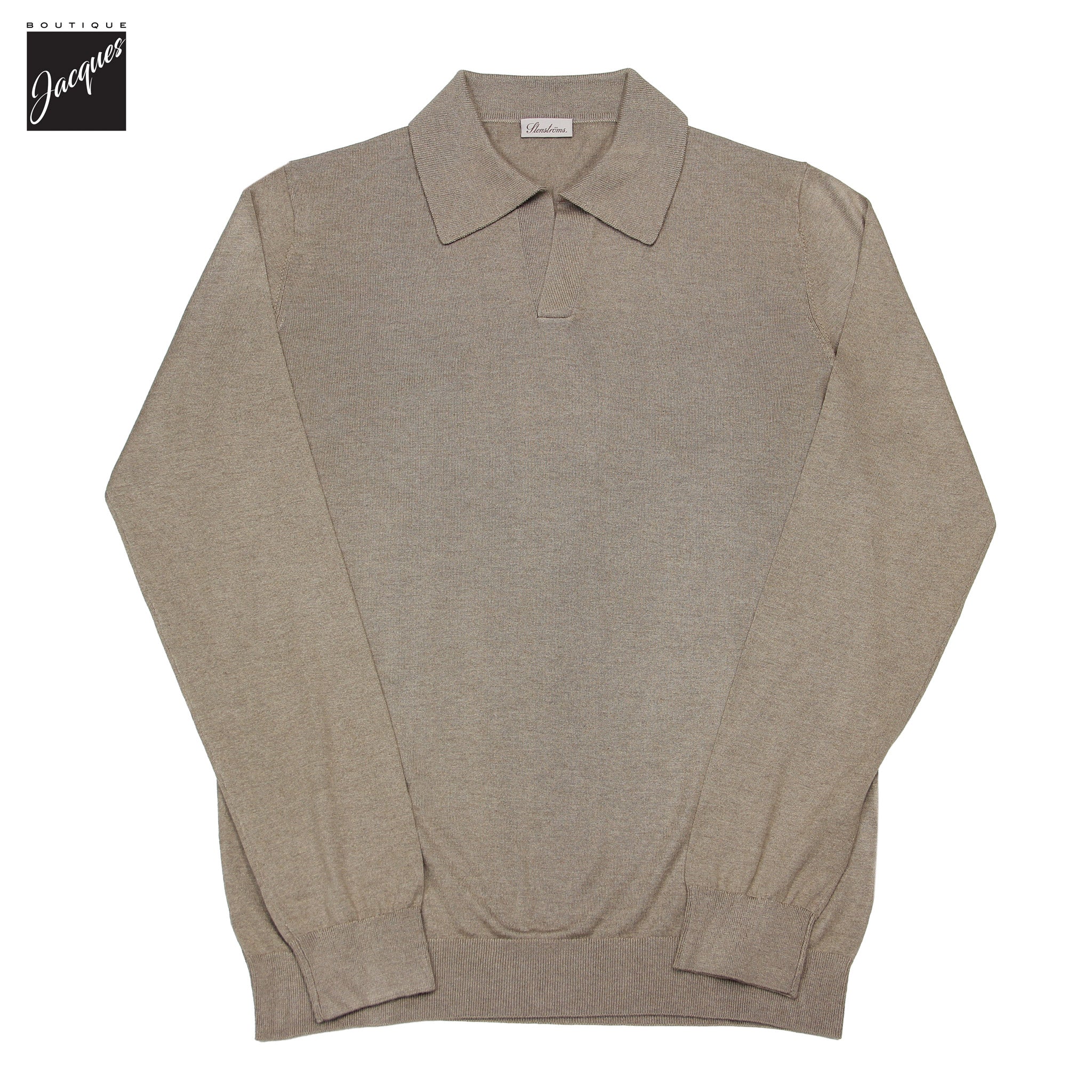 Polo à manches longues avec col Johnny en soie et cachemire beige - Stenströms